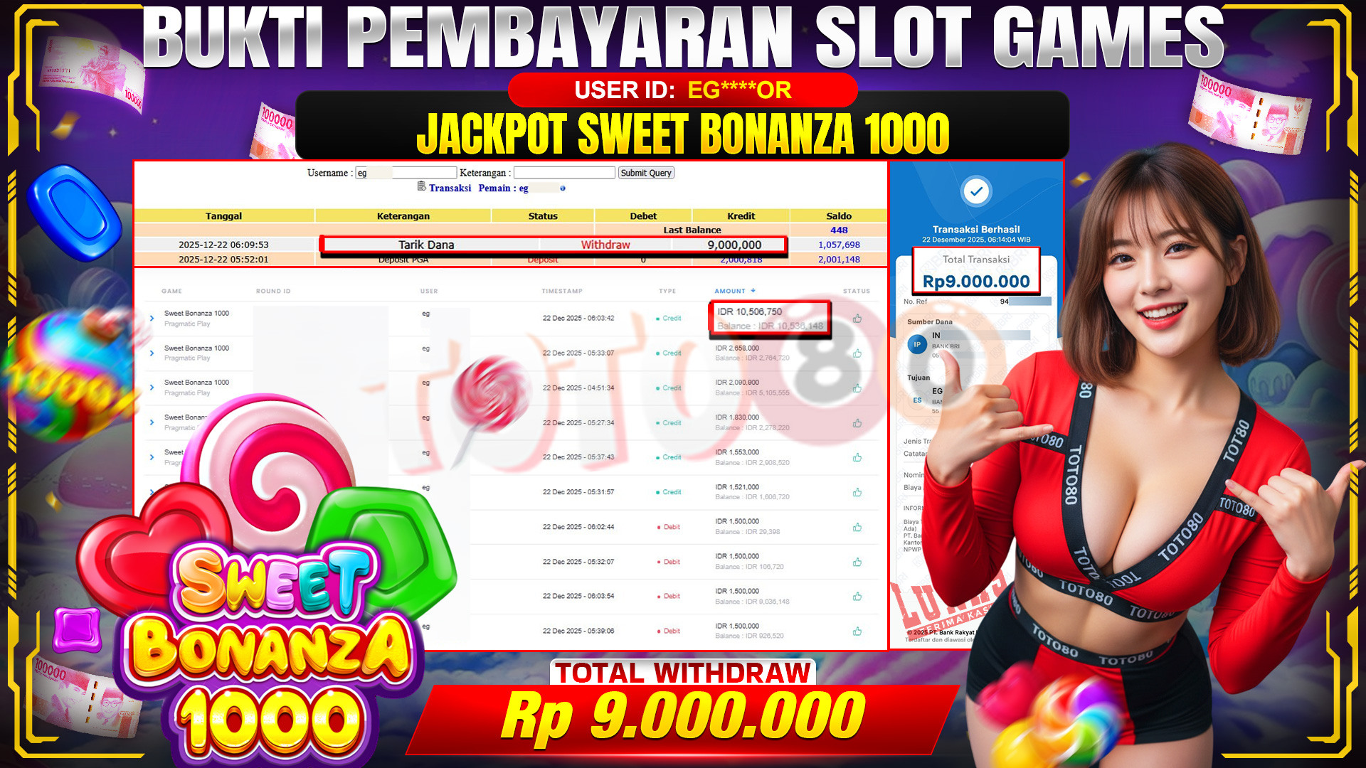 🎉 TOTO80 – JACKPOT SLOT SWEET BONANZA 1000 RP. 9,000,000,- TELAH DIBAYARKAN! 🎉