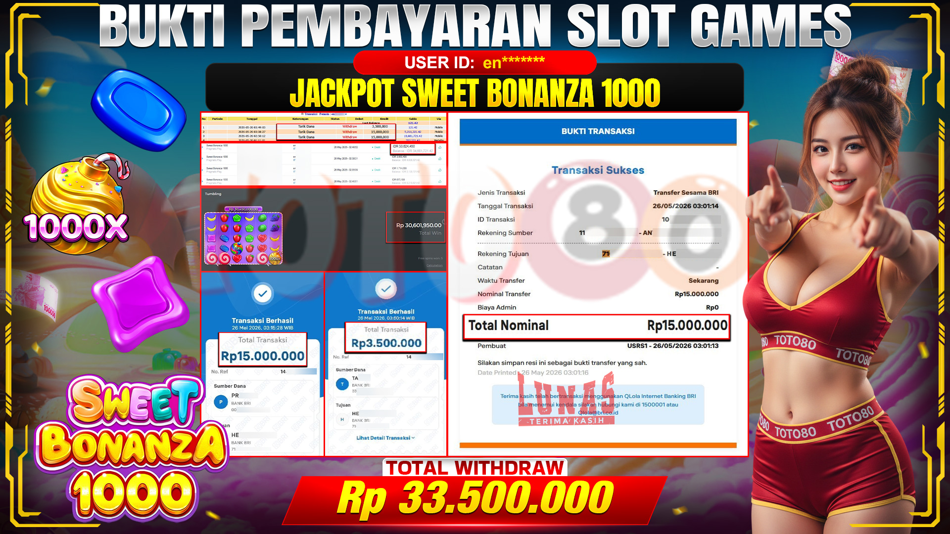 💰🎉  TOTO80 – JACKPOT SLOT SWEET BONANZA 1000 RP. 33,500,000,- TELAH DIBAYARKAN! 💰🎉 