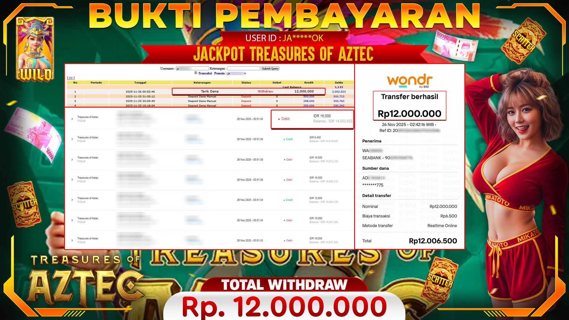 SELAMAT KEPADA PEMENANG JACKPOT DI Treasures of Aztec - PGSoft 12,000,000🏆