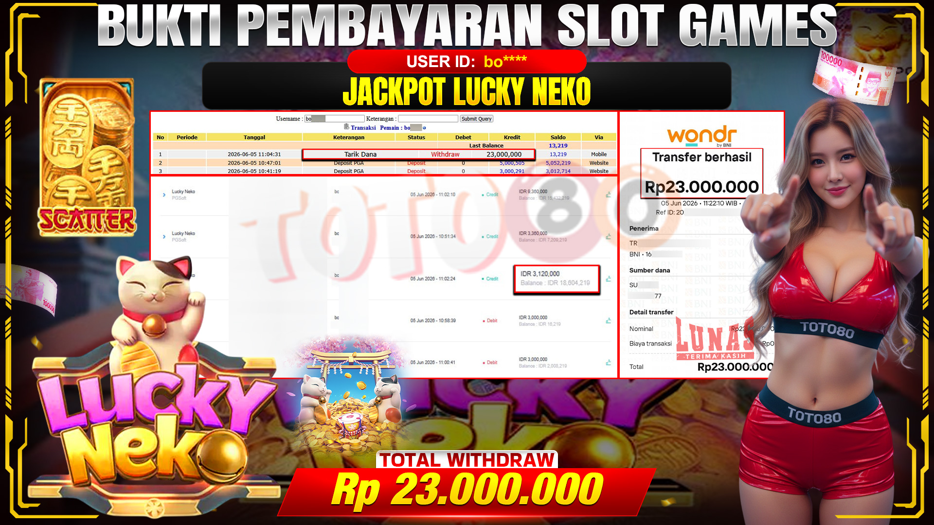 💰🎉  TOTO80 – JACKPOT SLOT LUCKY NEKO RP. 23,000,000,- TELAH DIBAYARKAN! 💰🎉 