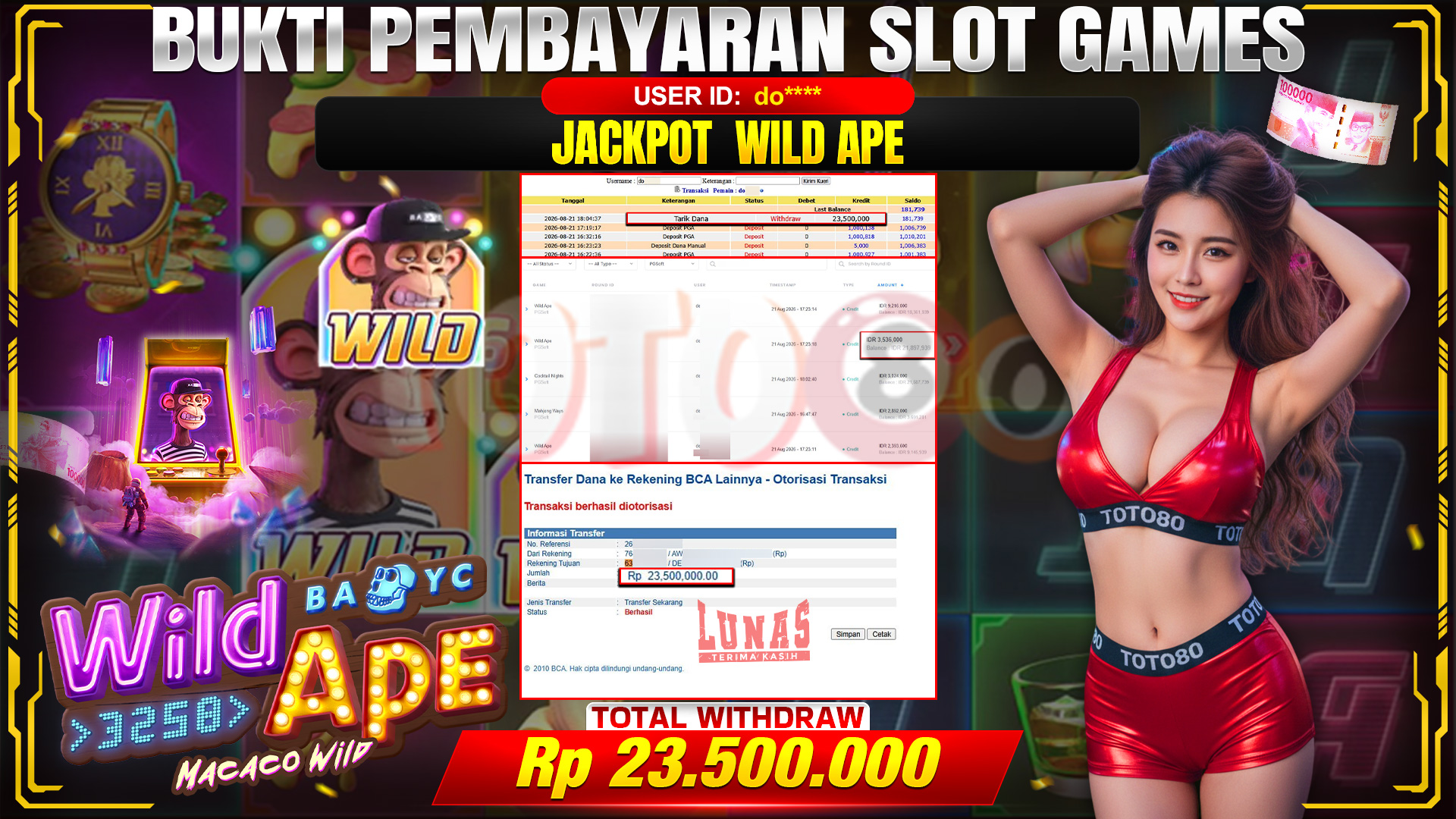 💰🎉 TOTO80 – JACKPOT SLOT WILD APE  RP. 23,500,000,- TELAH DIBAYARKAN!💰🎉