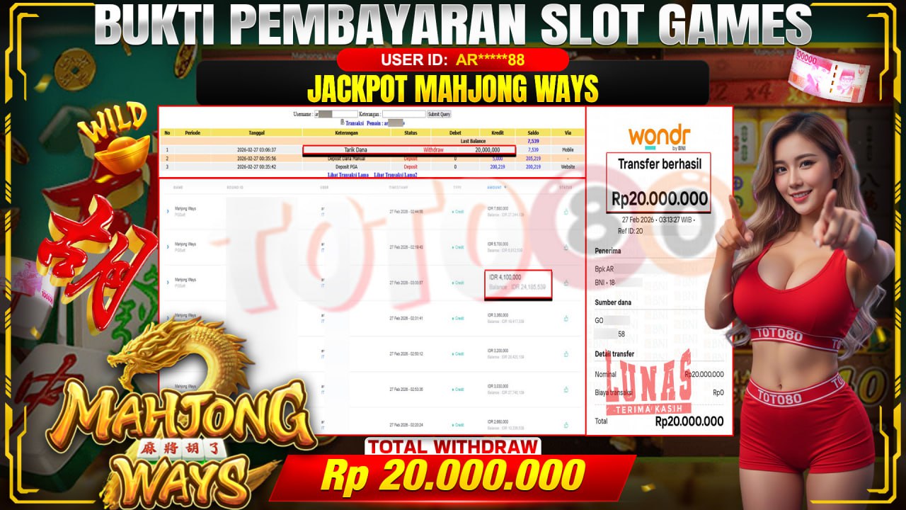 🎉 TOTO80 – JACKPOT SLOT MAHJONG WAYS . RP. 20,000,000,- TELAH DIBAYARKAN! 🎉