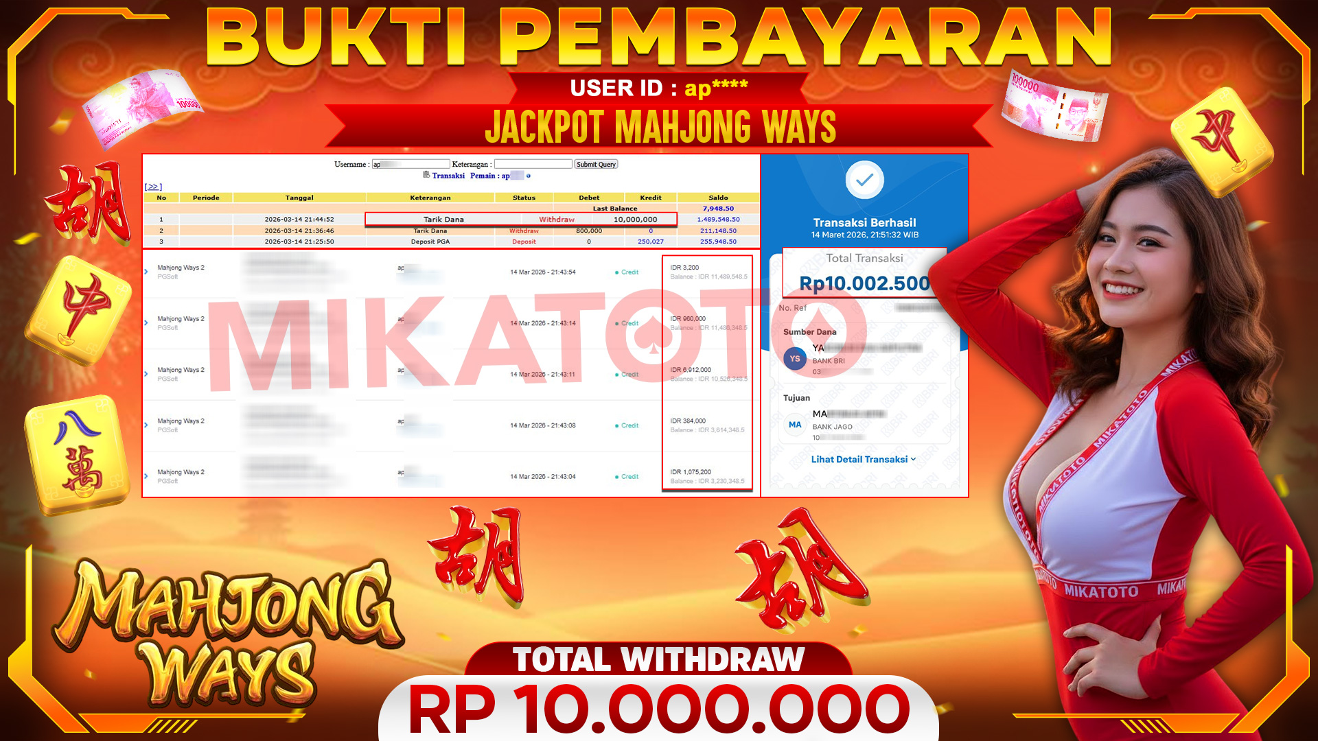 🏆 SELAMAT KEPADA PEMENANG JACKPOT DI Mahjong Ways - PGSoft 10,000.000🏆