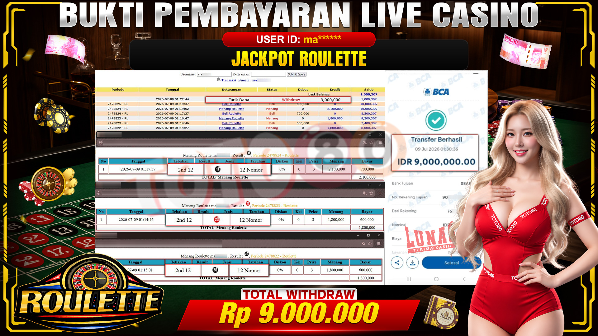 💰🎉 TOTO80 – JACKPOT ROULETTE RP. 9,000,000,- TELAH DIBAYARKAN!💰🎉