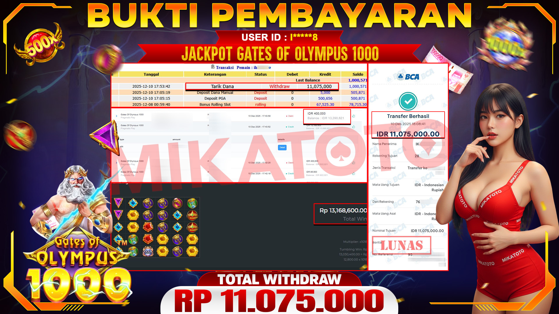 SELAMAT KEPADA PEMENANG JACKPOT DI Gates Of Olympus 1000 - Pragmatic Play 11,075,000🏆