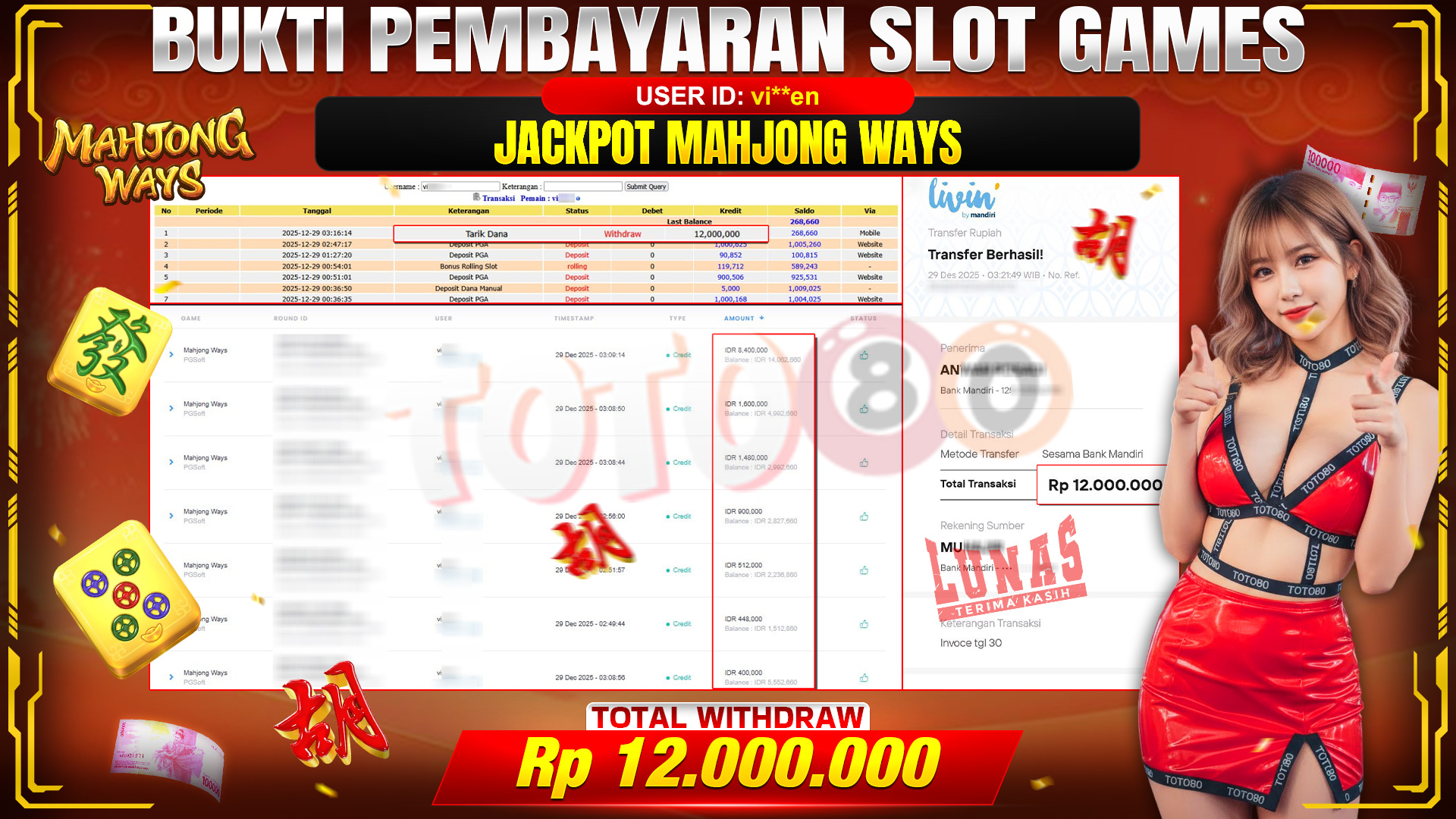 🎉 TOTO80 – JACKPOT SLOT MAHJONG WAYS RP. 12,000,000,- TELAH DIBAYARKAN! 🎉