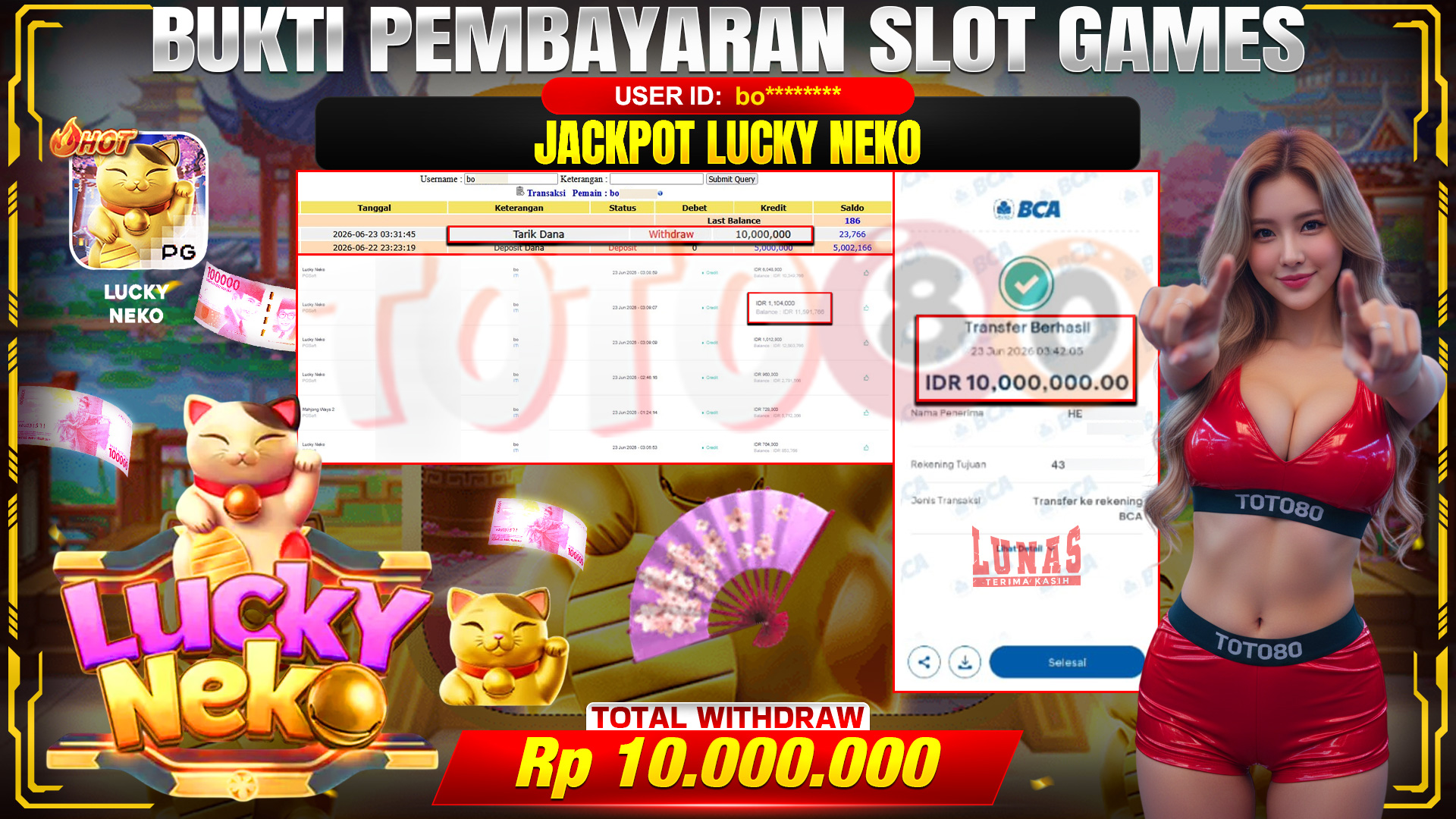 💰🎉  TOTO80 – JACKPOT SLOT LUCKY NEKO RP. 10,000,000,- TELAH DIBAYARKAN! 💰🎉 