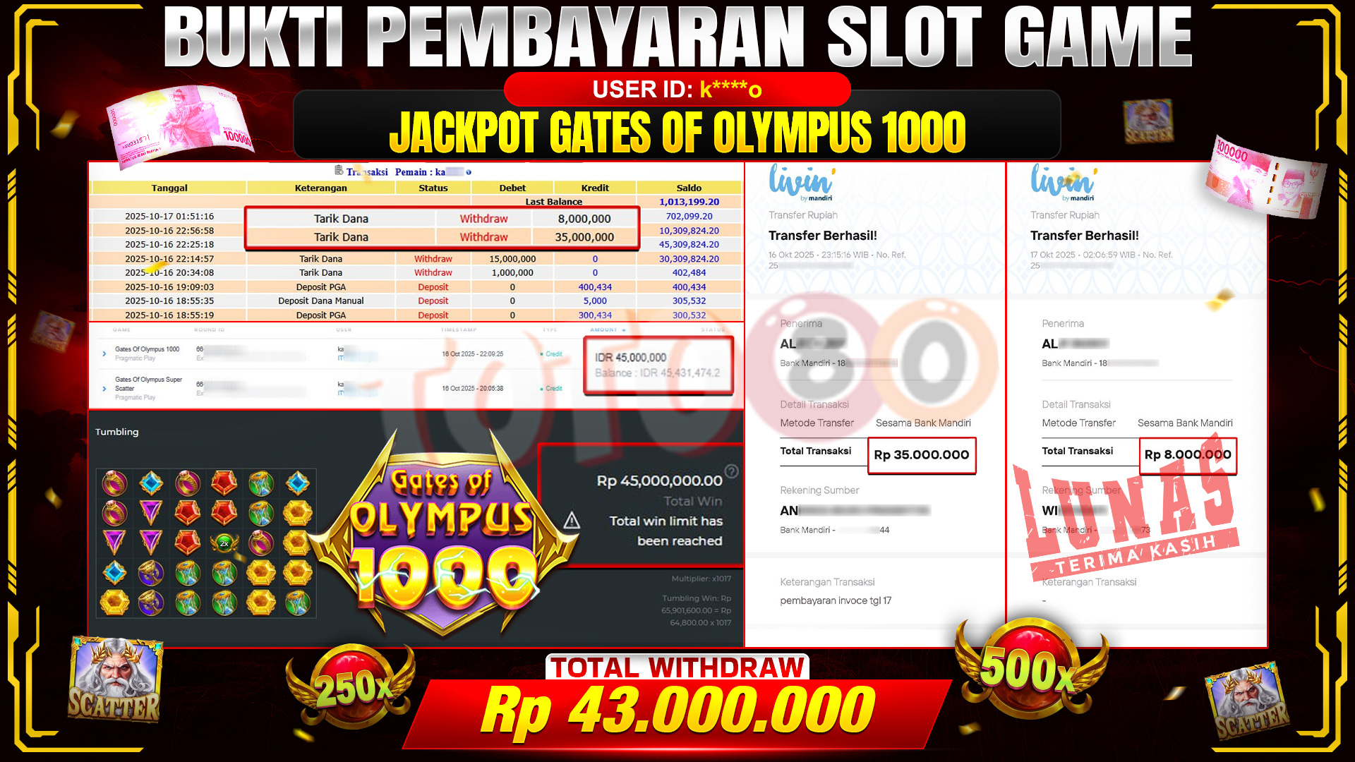 🎉 TOTO80 – JACKPOT SLOT GATES OF OLYMPUS 1000 RP.43.000.000,- TELAH DIBAYARKAN! 🎉