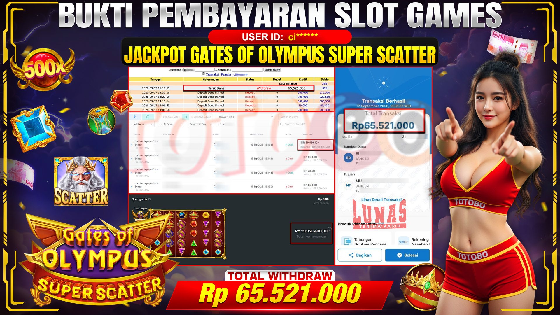 💰🎉 TOTO80 – JACKPOT SLOT GATES OF OLYMPUS  SUPER SCATTER  RP. 65,521,000  ,-  TELAH DIBAYARKAN!💰🎉