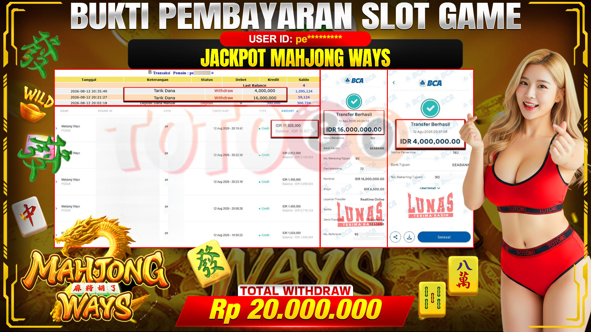 💰🎉 TOTO80 – JACKPOT SLOT MAHJONG  WAYS  RP. 20,000,000,-  TELAH DIBAYARKAN!💰🎉