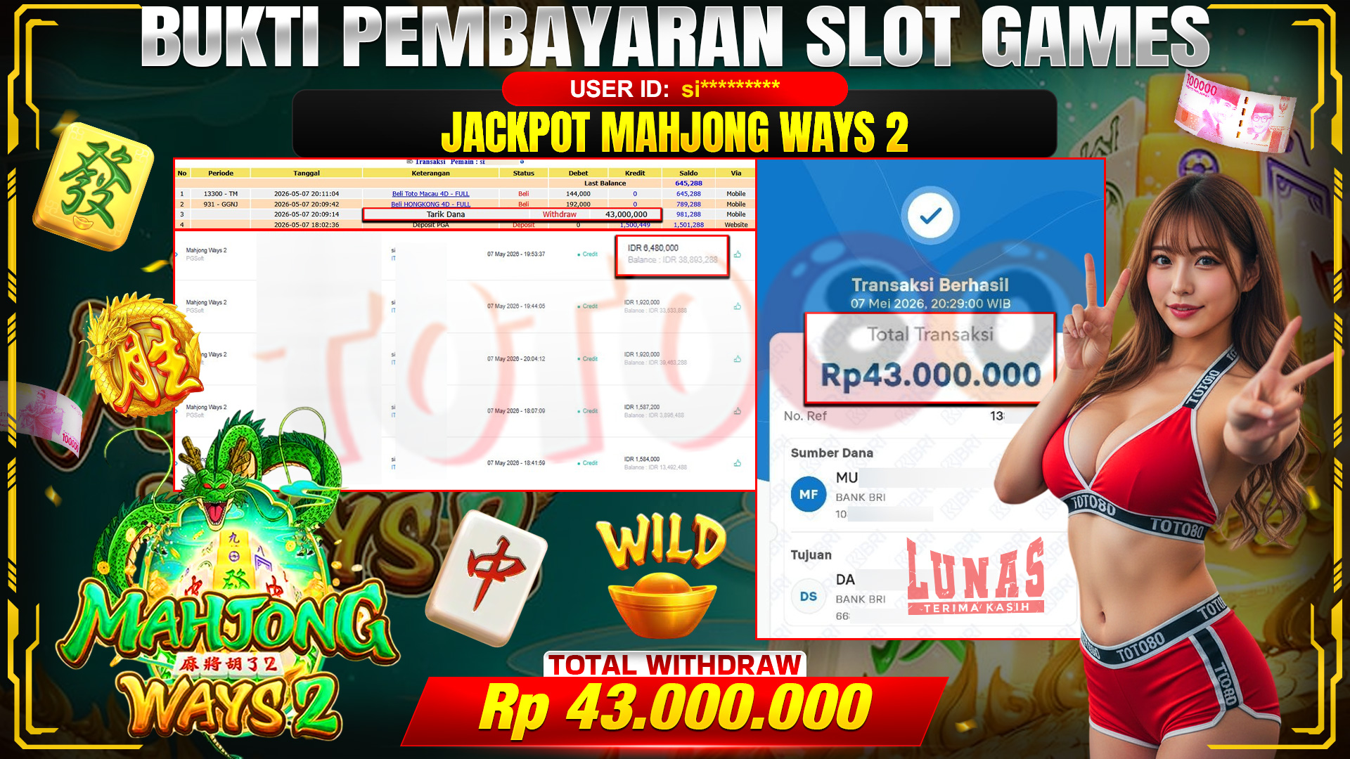 💰🎉 TOTO80 – JACKPOT SLOT MAHJONG WAYS 2 RP. 43,000,000,- TELAH DIBAYARKAN!💰🎉