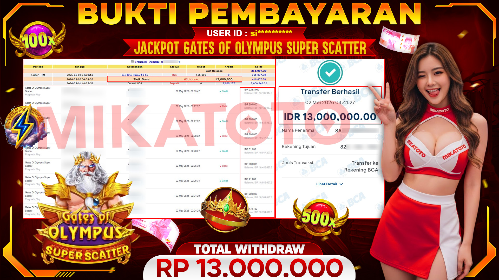 🏆 SELAMAT KEPADA PEMENANG JACKPOT DI Gates Of Olympus Super Scatter - Pragmatic Play 13,000,000 🏆