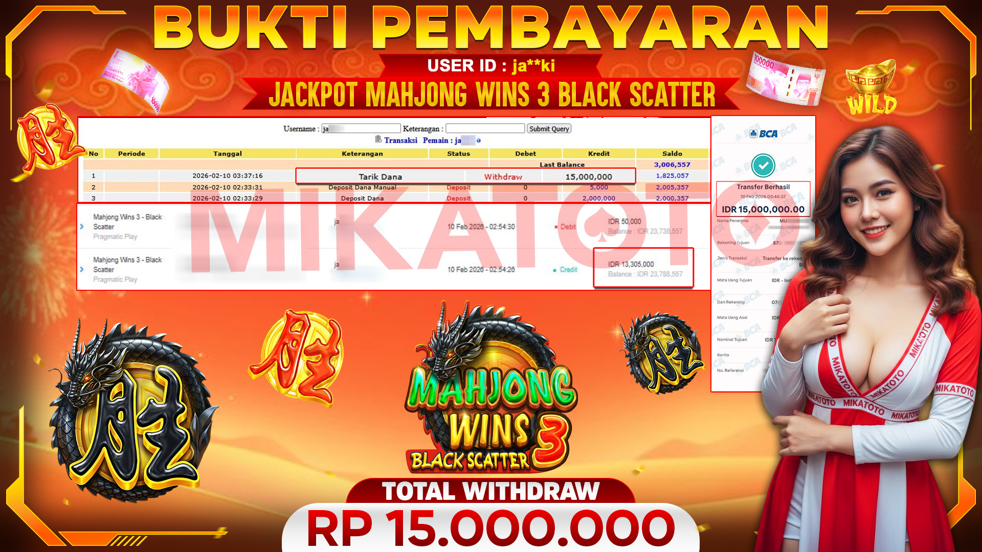 🏆 SELAMAT KEPADA PEMENANG JACKPOT DI Mahjong Wins 3 - Black Scatter - Pragmatic Play 15,000,000🏆