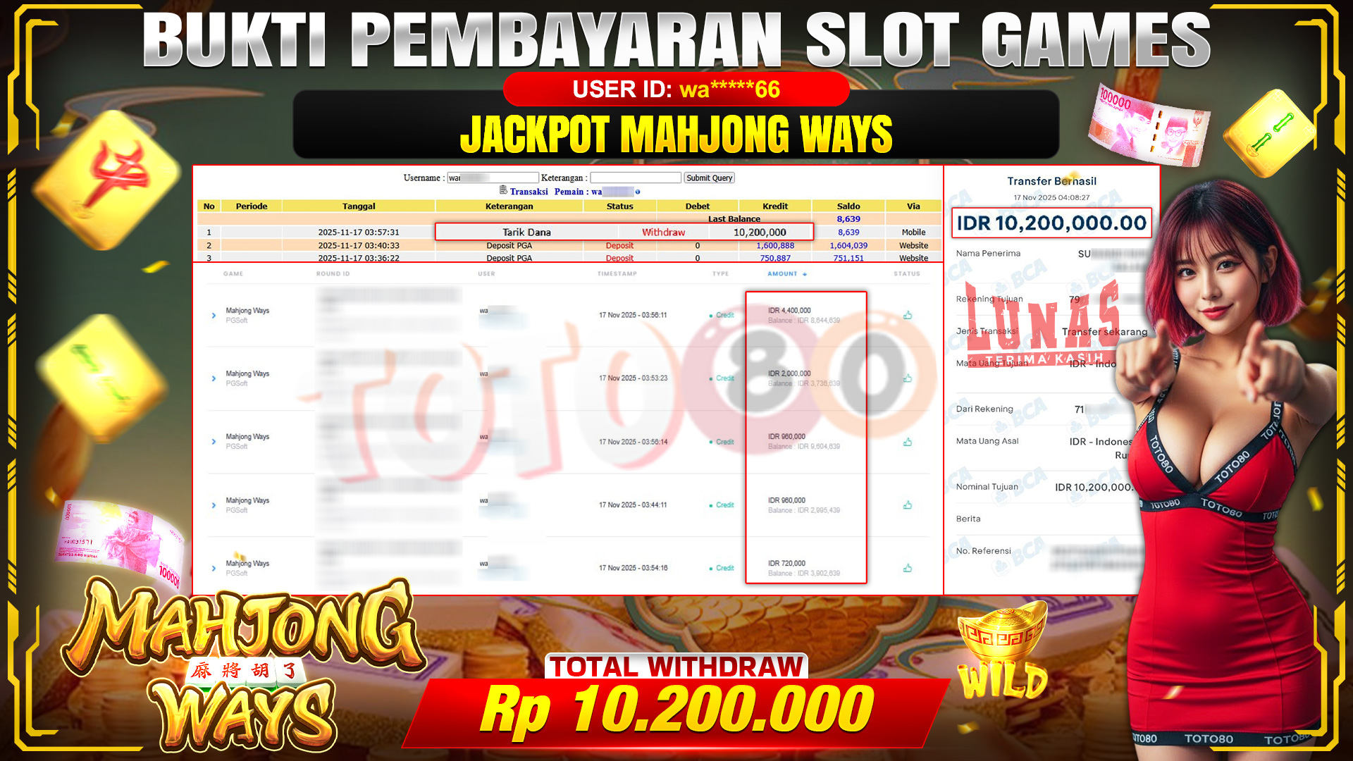 🎉 TOTO80 – JACKPOT SLOT MAHJONG WAYS RP.10,200,000,- TELAH DIBAYARKAN! 🎉