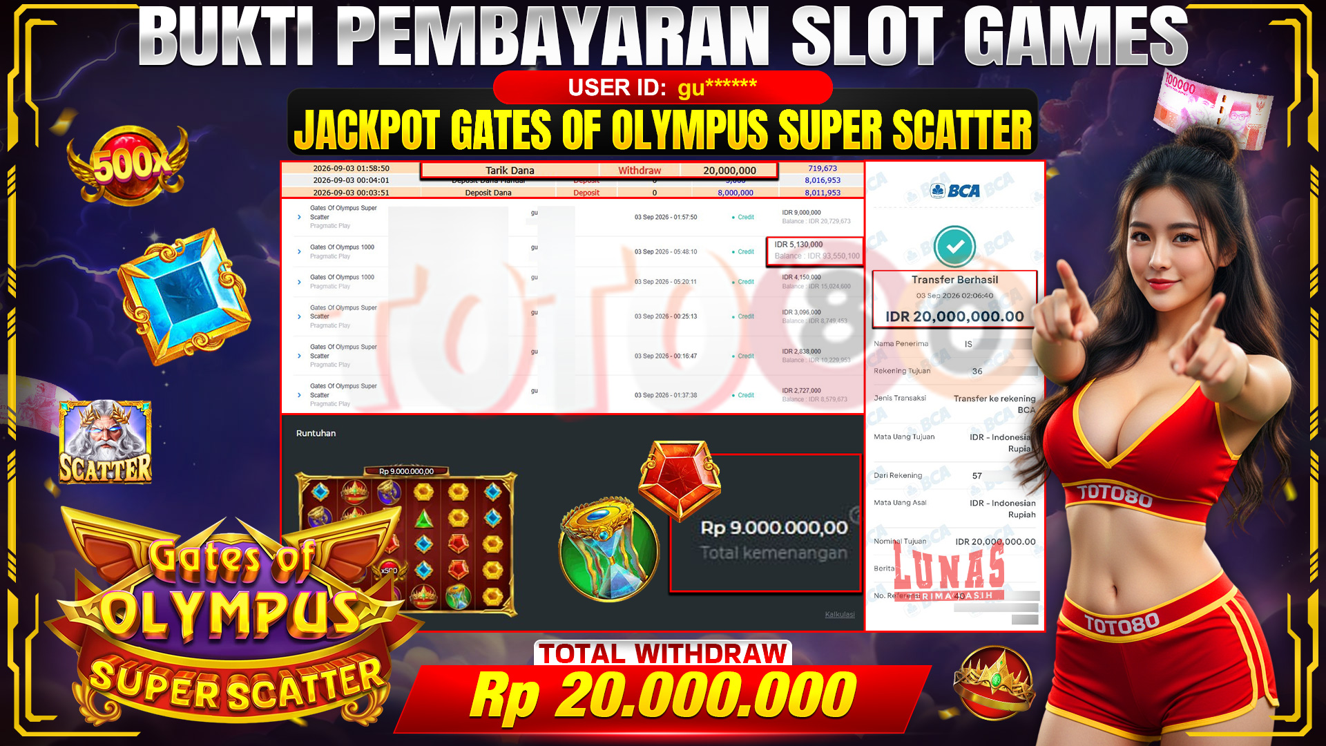 💰🎉 TOTO80 – JACKPOT SLOT GATES OF OLYMPUS  SUPER SCATTER  RP. 20,000,000,-  TELAH DIBAYARKAN!💰🎉