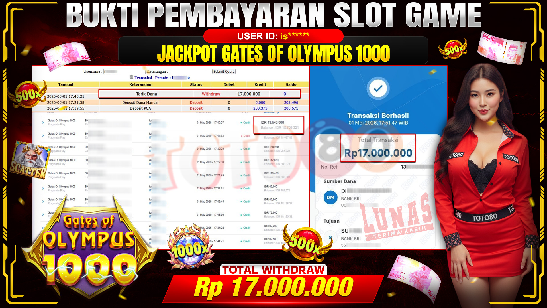 💰🎉  TOTO80 – JACKPOT SLOT GATES OF OLYMPUS 1000 RP. 17,000,000,- TELAH DIBAYARKAN! 💰🎉 