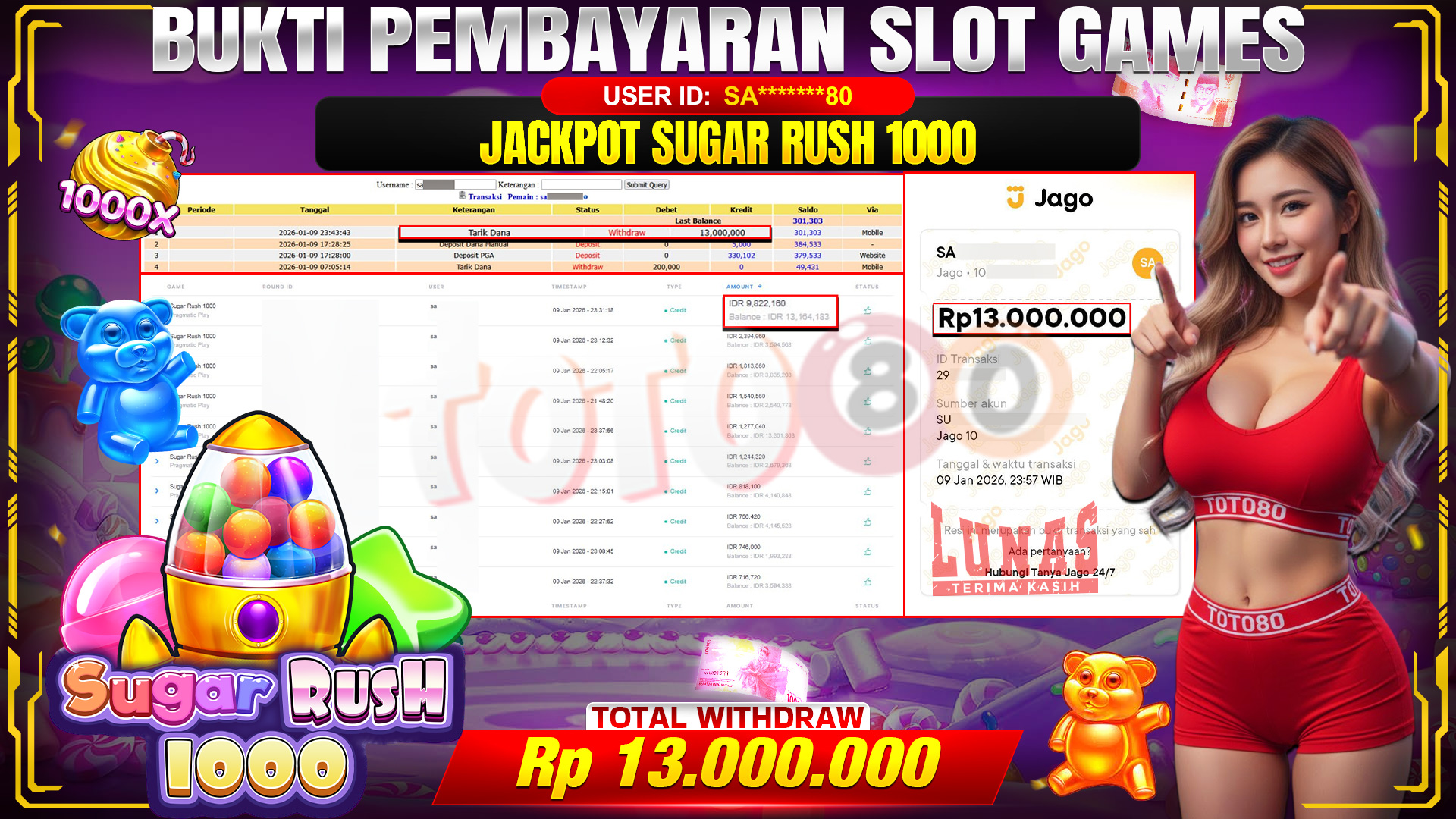 🎉 TOTO80 – JACKPOT SLOT SUGAR RUSH 1000 RP. 13,000,000,- TELAH DIBAYARKAN! 🎉