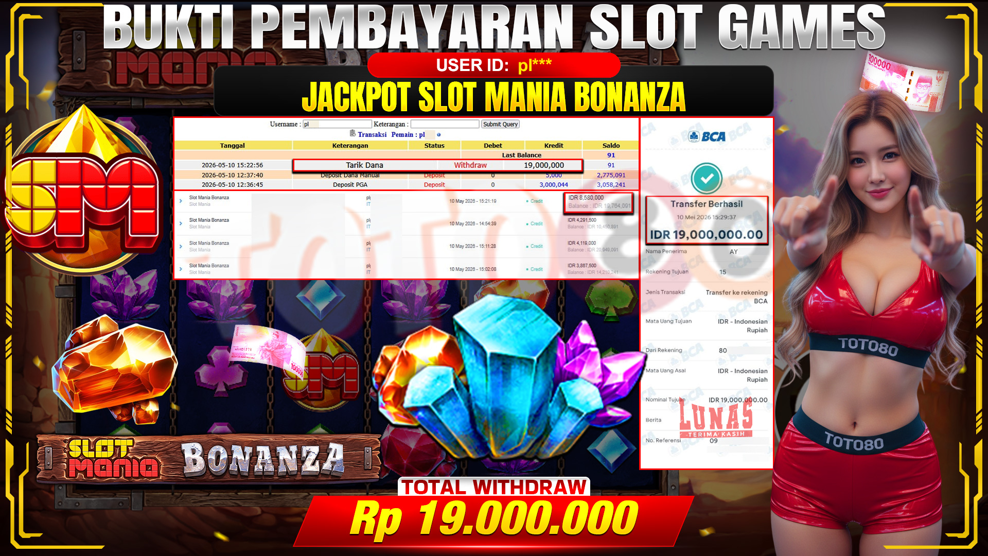 💰🎉  TOTO80 – JACKPOT SLOT MANIA BONANZA  RP. 19,000,000,- TELAH DIBAYARKAN! 💰🎉 