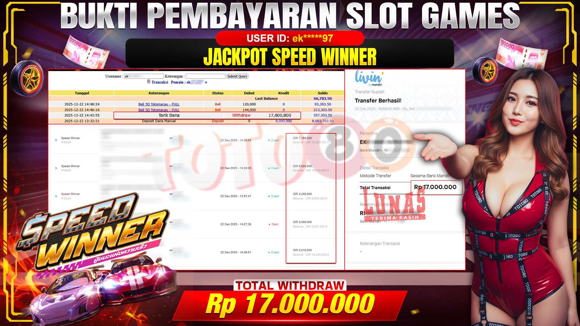 🎉 TOTO80 – JACKPOT SLOT SPEED WINNER RP. 17,000,000,- TELAH DIBAYARKAN! 🎉