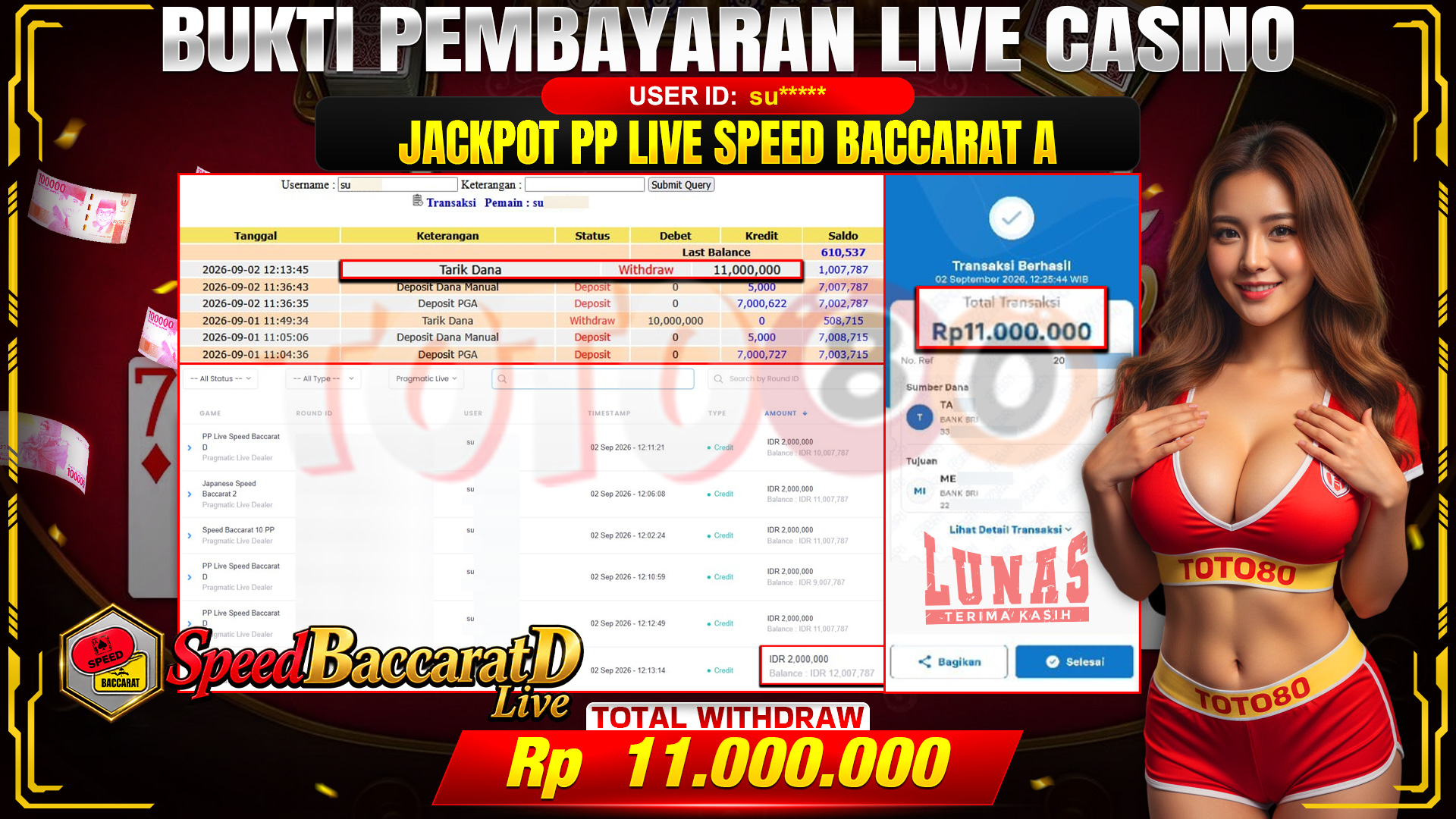 🎉 TOTO80 – JACKPOT PP LIVE SPEED BACCARAT D RP. 11,000,000,- TELAH DIBAYARKAN! 🎉