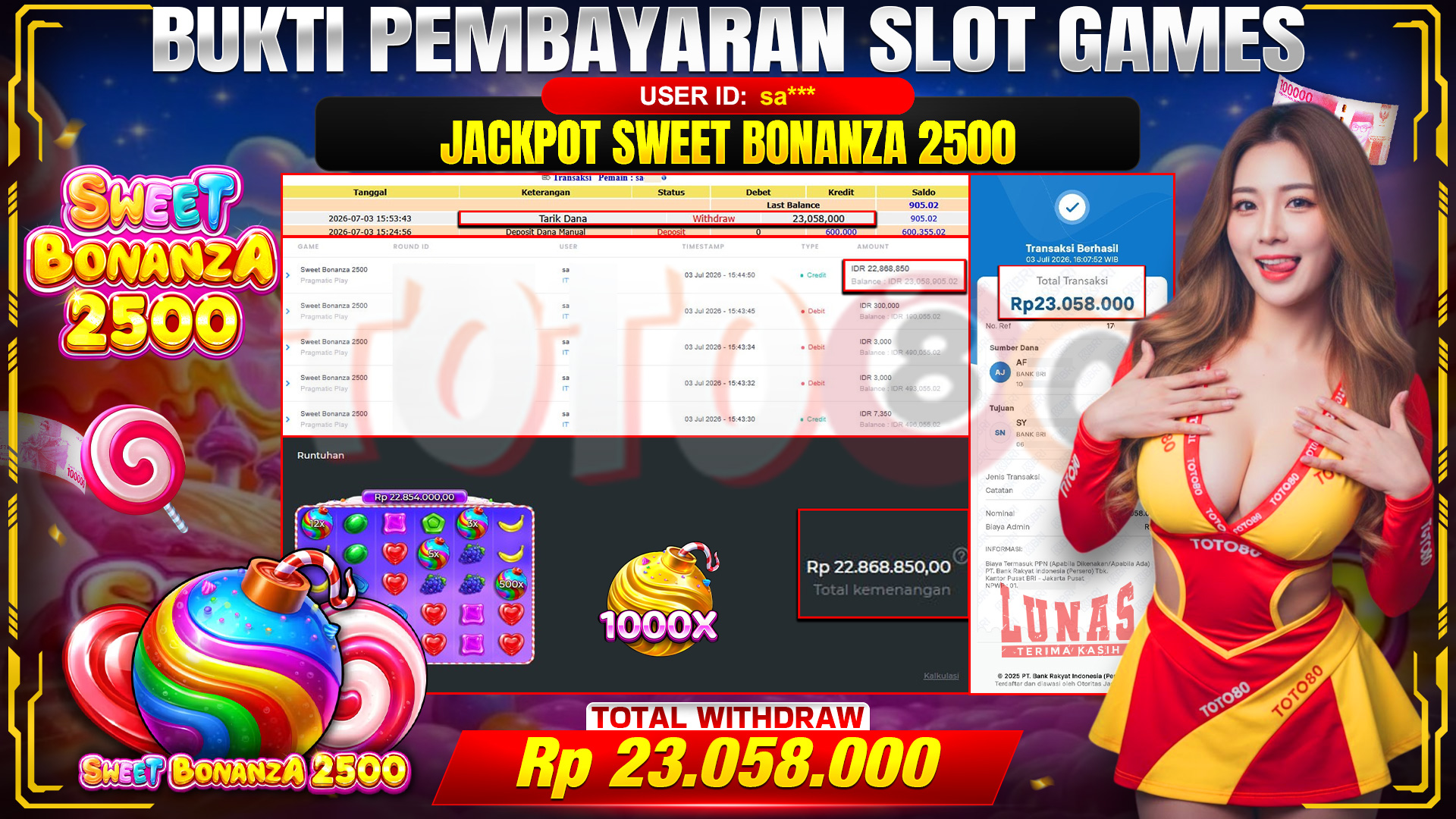 💰🎉TOTO80 – JACKPOT SLOT SWEET BONANZA 2500 . 23,058,000,-- TELAH DIBAYARKAN! 💰🎉