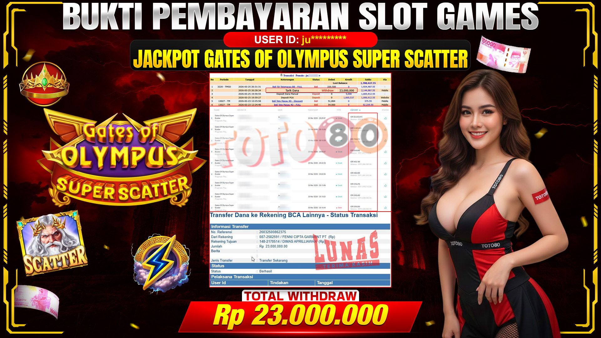 💰🎉TOTO80 – JACKPOT SLOT GATES OF OLYMPUS SUPER SCATTER  RP.23,000,000,- TELAH DIBAYARKAN! 💰🎉