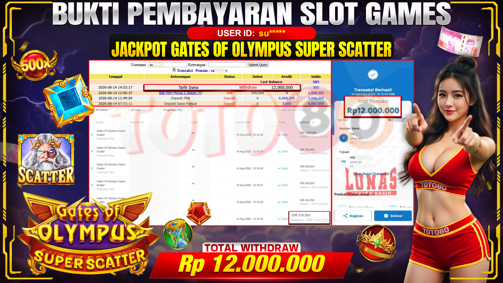 💰🎉 TOTO80 – JACKPOT SLOT GATES OF OLYMPUS SUPER SCATTER RP. 12,000,000,-  TELAH DIBAYARKAN!💰🎉