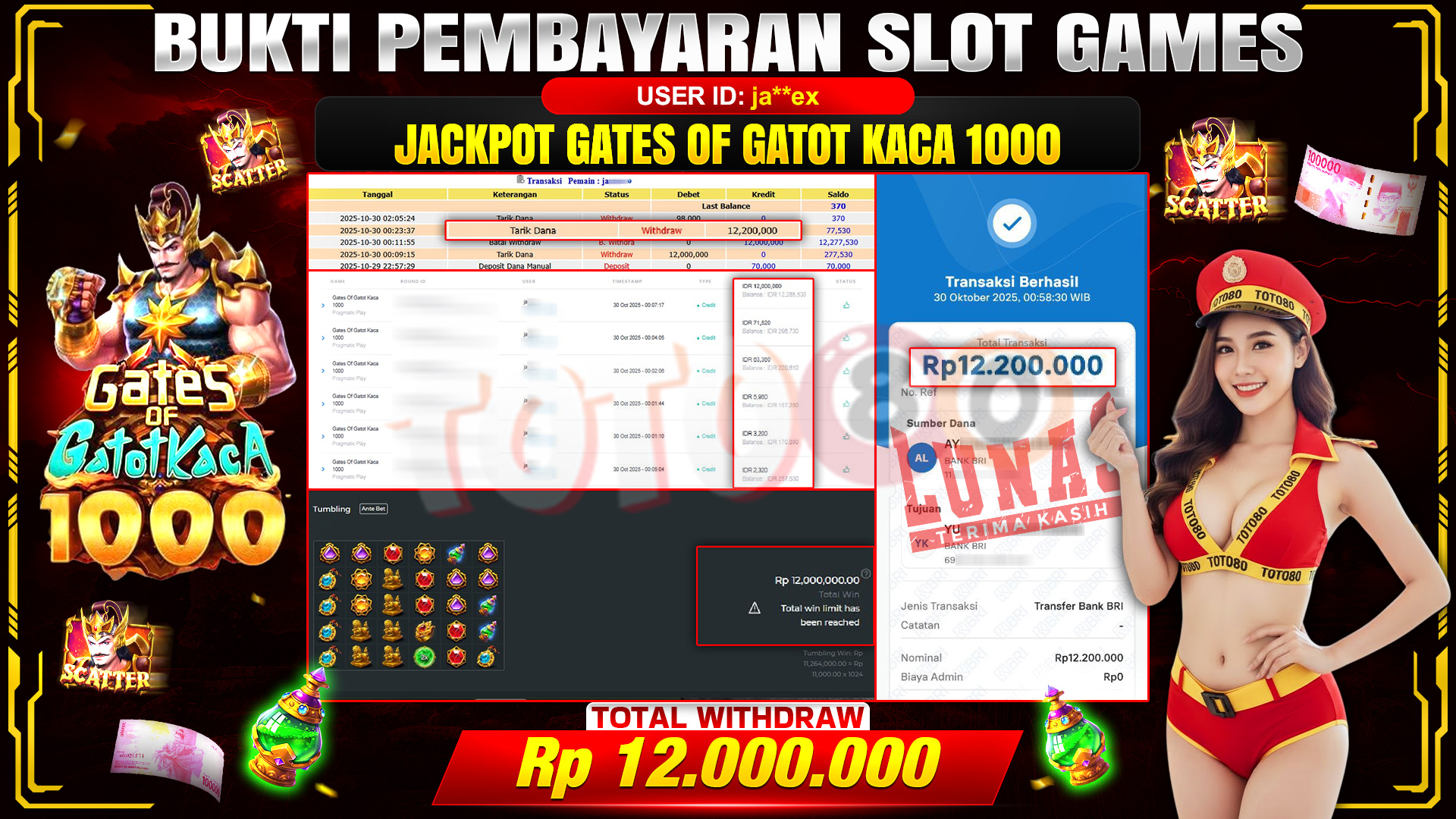🎉 TOTO80 – JACKPOT SLOT GATES OF GATOT KACA 1000 RP.12.000.000,- TELAH DIBAYARKAN! 🎉