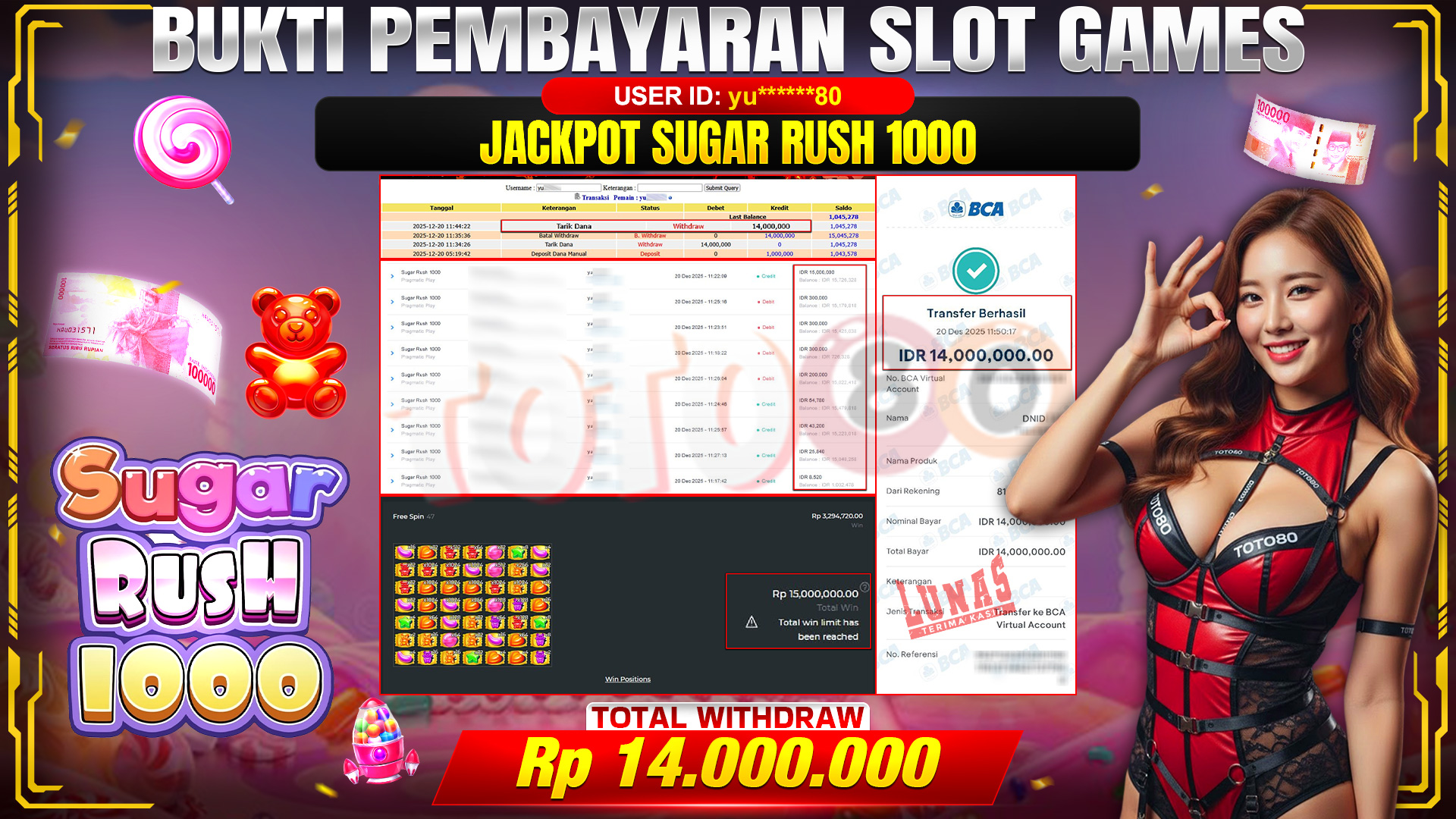 🎉 TOTO80 – JACKPOT SLOT SUGAR RUSH 1000 RP. 14,000,000,- TELAH DIBAYARKAN! 🎉