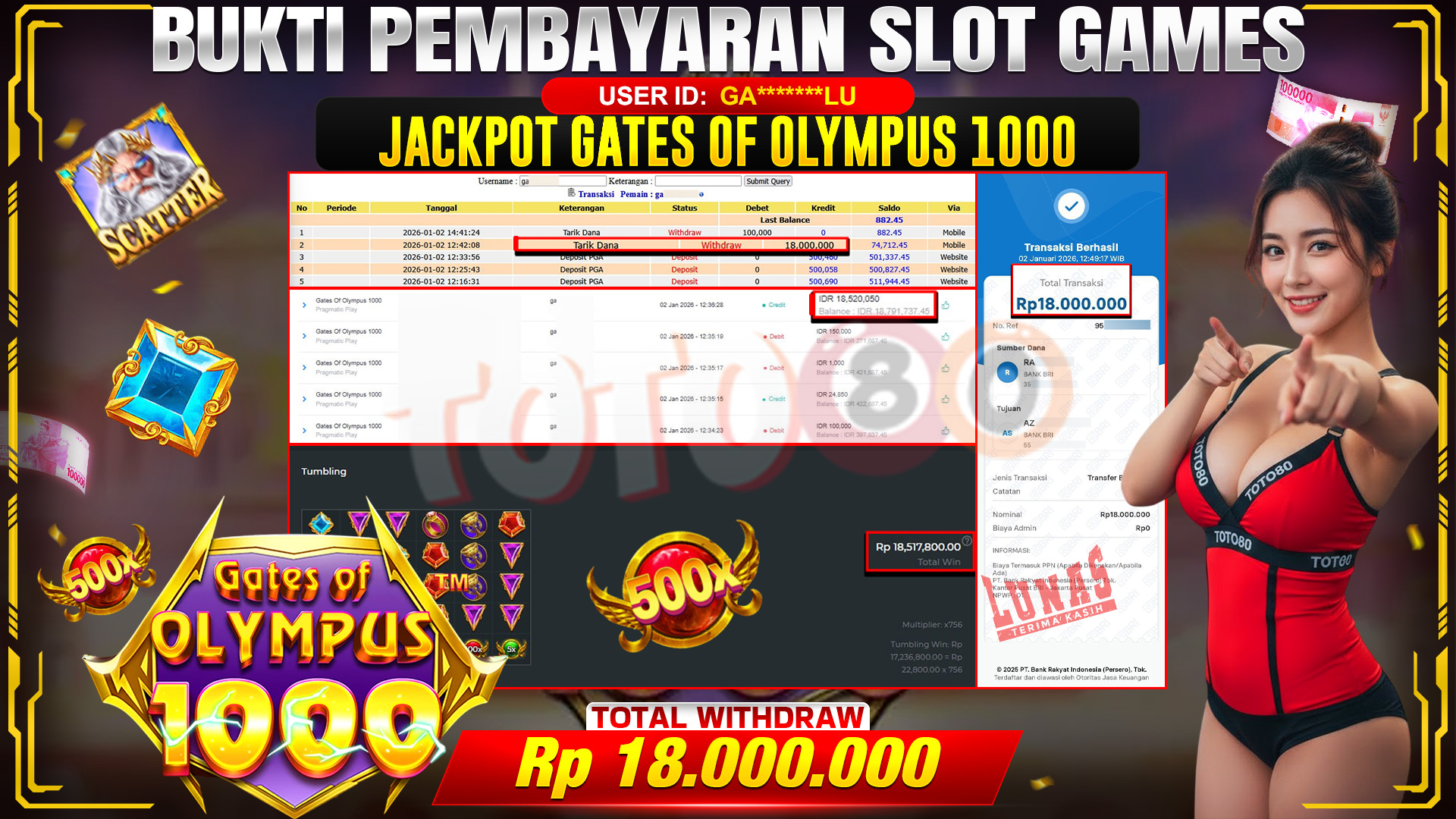 🎉 TOTO80 – JACKPOT SLOT GATES OF OLYMPUS 1000 RP. 18,000,000,- TELAH DIBAYARKAN! 🎉