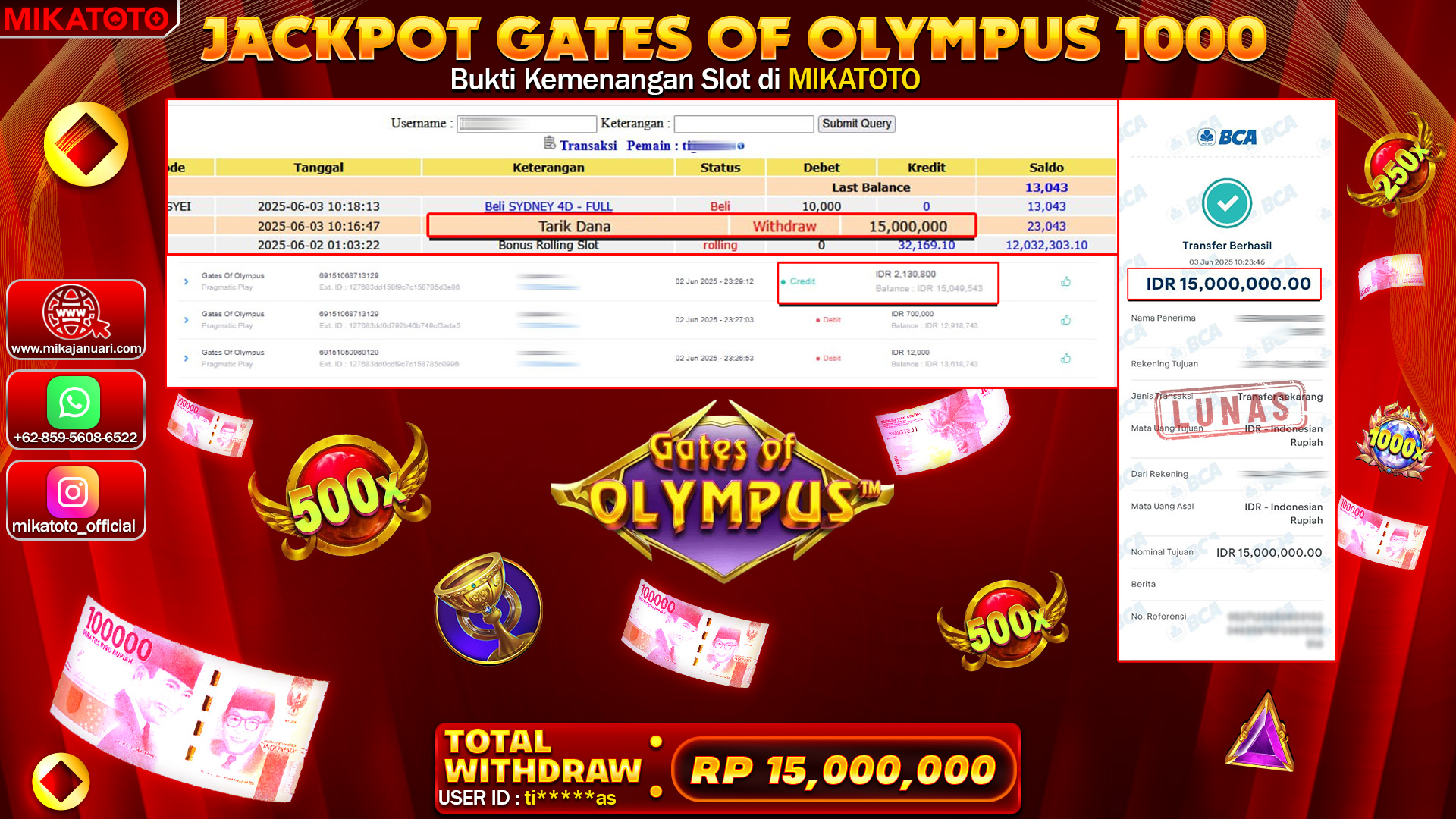 🏆 SELAMAT KEPADA PEMENANG JACKPOT DI Gates Of Olympus 1000 15,000,000🏆