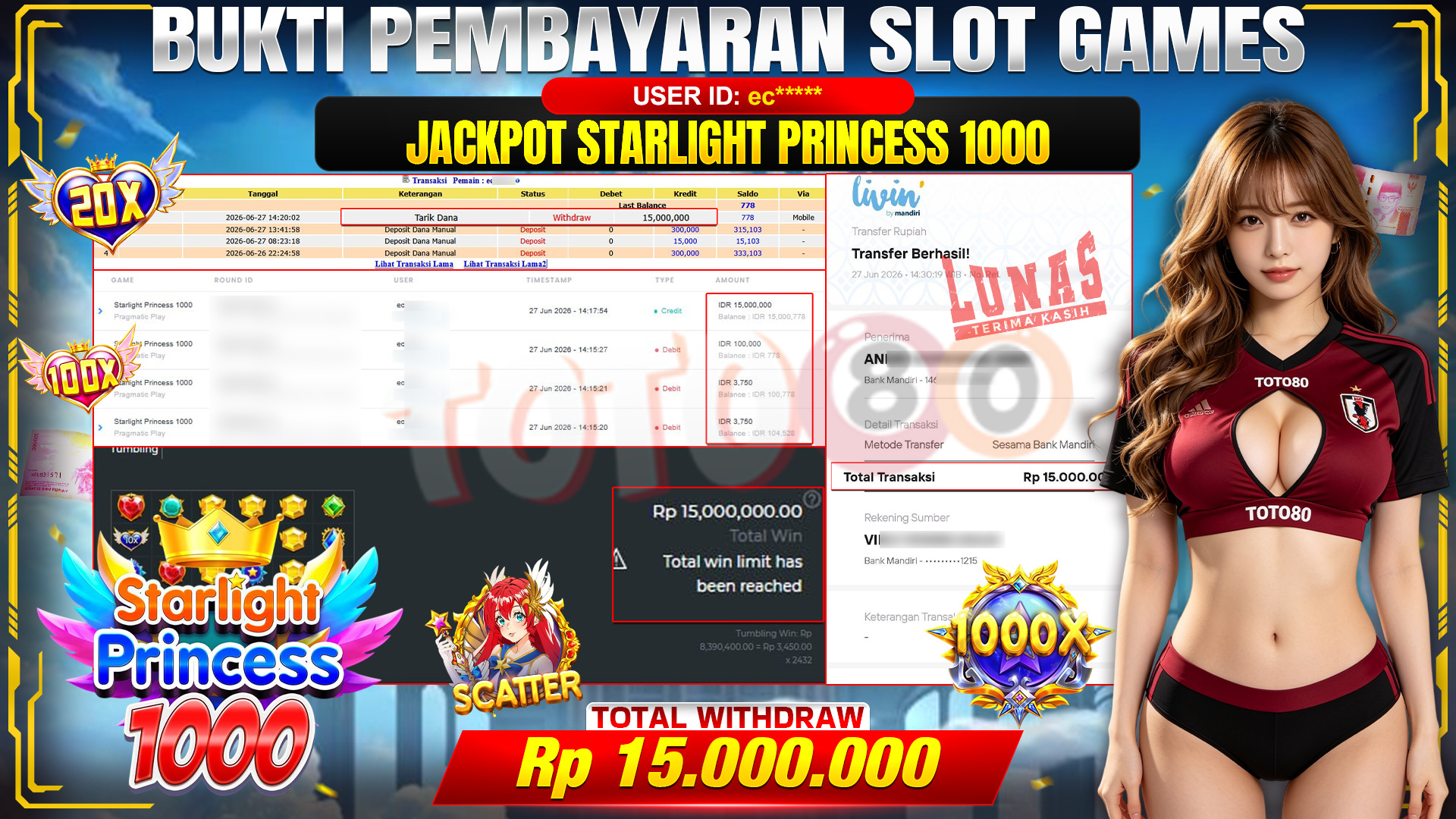 💰🎉 TOTO80 – JACKPOT SLOT STARLIGHT PRINCES 1000 RP. 15,000,000,-  TELAH DIBAYARKAN! 💰🎉