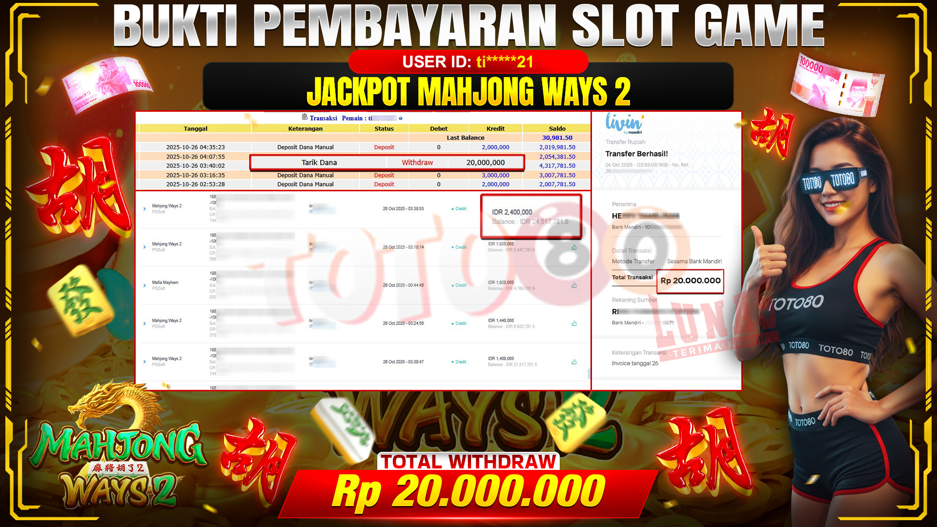 🎉 TOTO80 – JACKPOT SLOT MAHJONG WAYS 2 RP.20.000.000,- TELAH DIBAYARKAN! 🎉