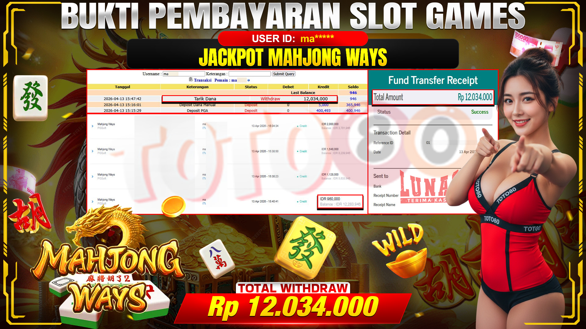 💰🎉 TOTO80 – JACKPOT SLOT MAHJONG WAYS  RP. 12,034,000,-  TELAH DIBAYARKAN!💰🎉