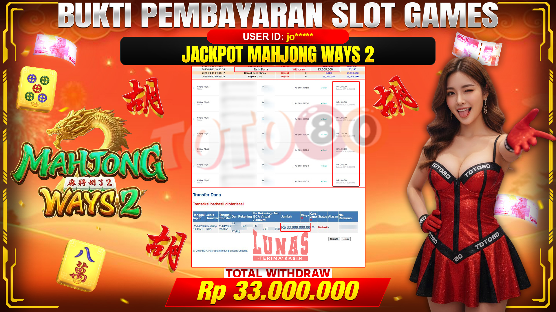 💰🎉 TOTO80 – JACKPOT SLOT MAHJONG WAYS 2 RP. 33,000,000,- TELAH DIBAYARKAN!💰🎉
