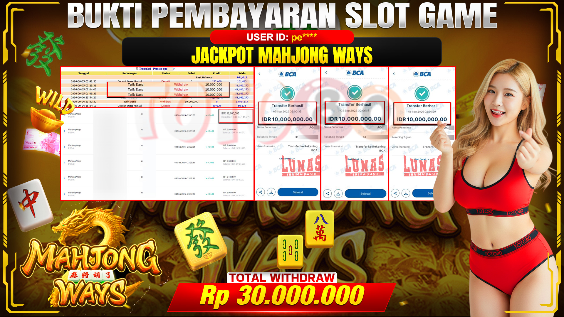 💰🎉 TOTO80 – JACKPOT SLOT MAHJONG  WAYS  RP. 30,000,000,-  TELAH DIBAYARKAN!💰🎉