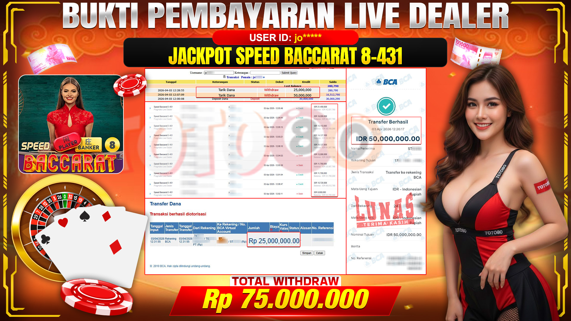 💰🎉 TOTO80 – JACKPOT  SPEED BACCARAT 8-431 RP. 75,000,000,- TELAH DIBAYARKAN!💰🎉