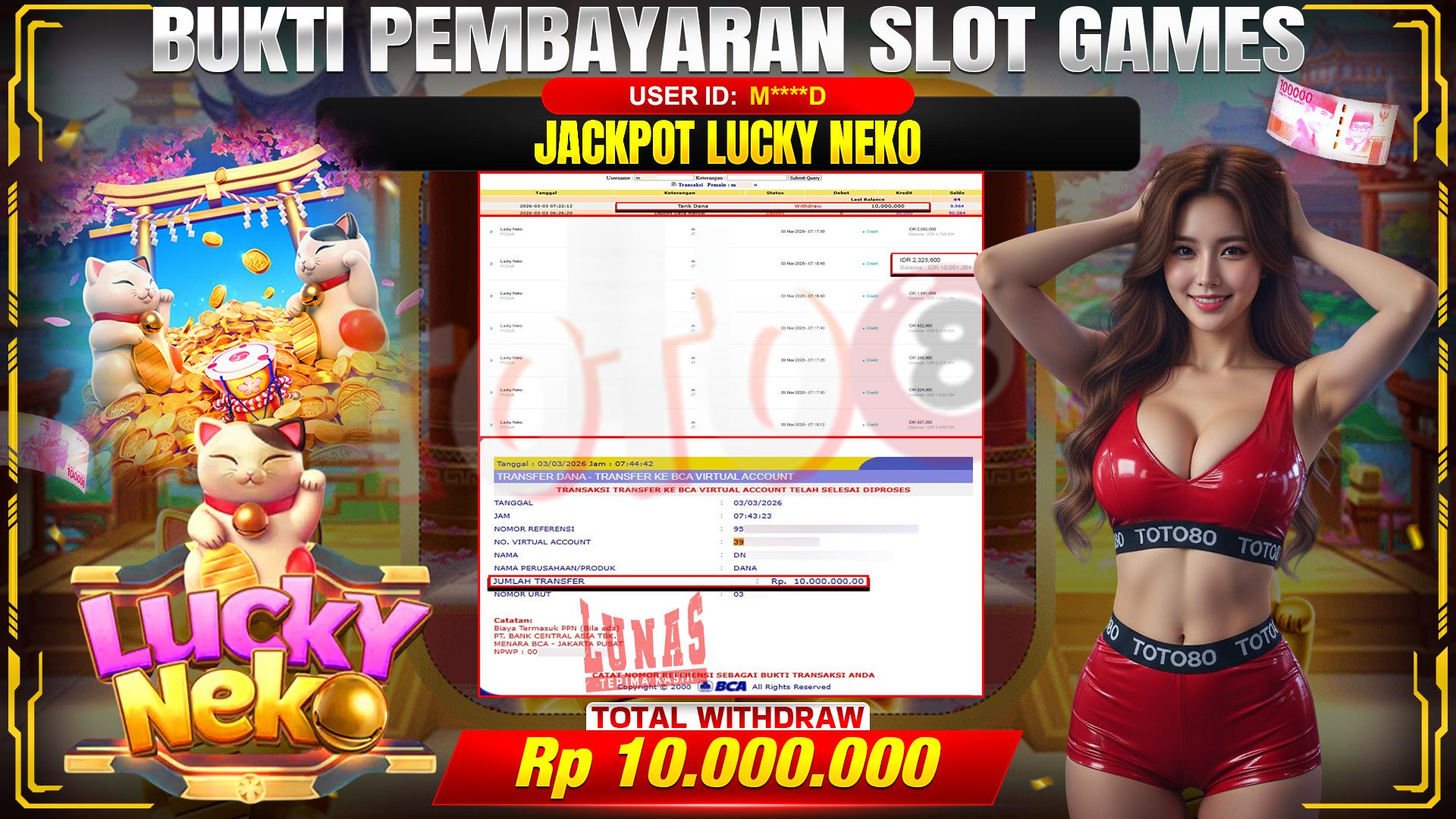 🎉 TOTO80 – JACKPOT SLOT LUCKY NEKO . 10,000,000,- TELAH DIBAYARKAN! 🎉