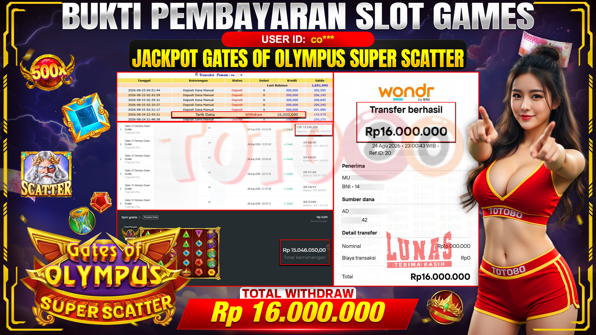 💰🎉 TOTO80 – JACKPOT SLOT GATES OF OLYMPUS  SUPER SCATTER  RP. 16,000,000,-  TELAH DIBAYARKAN!💰🎉