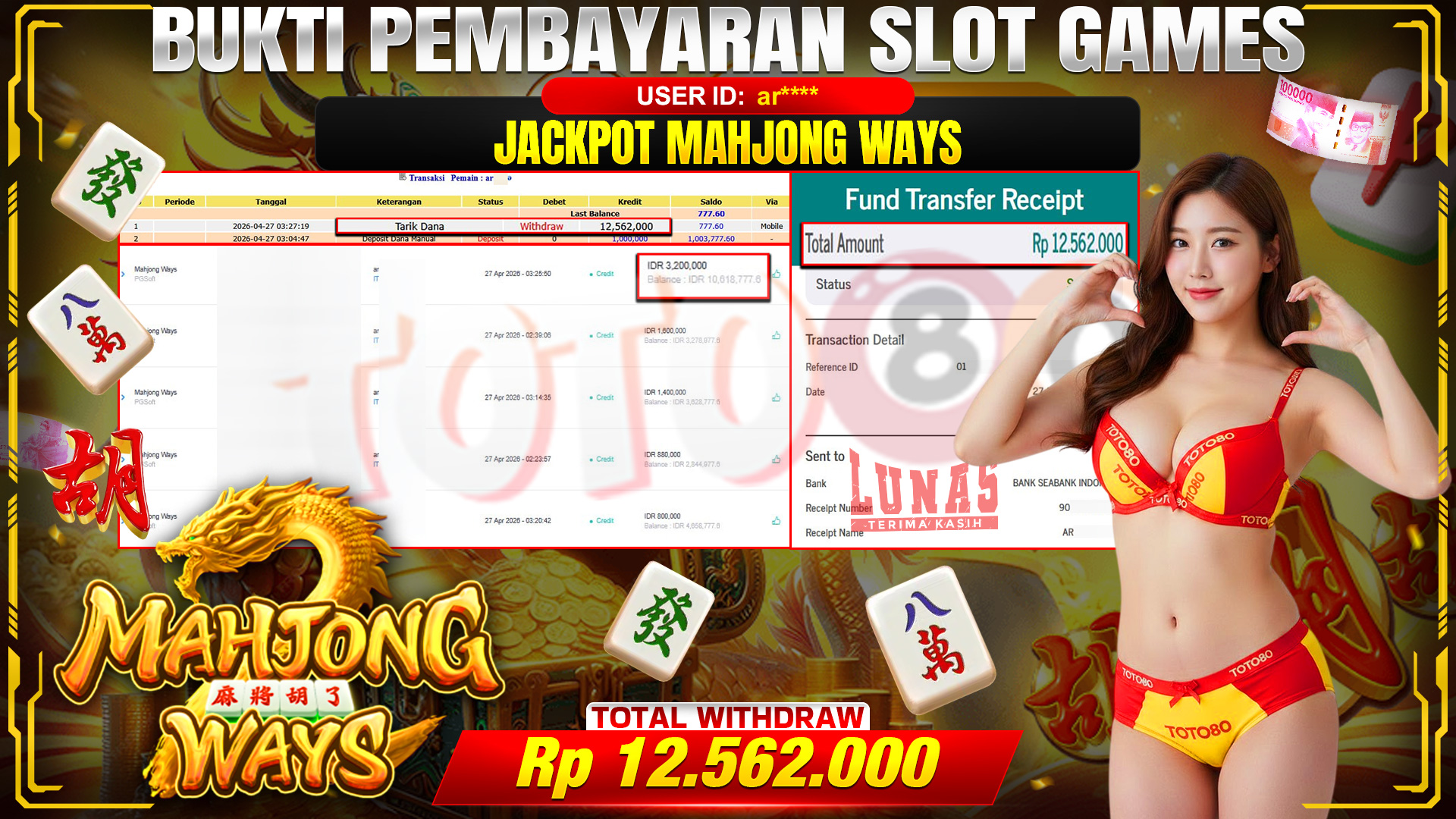 💰🎉 TOTO80 – JACKPOT SLOT MAHJONG WAYS  RP. 12,562,000,-   TELAH DIBAYARKAN!💰🎉