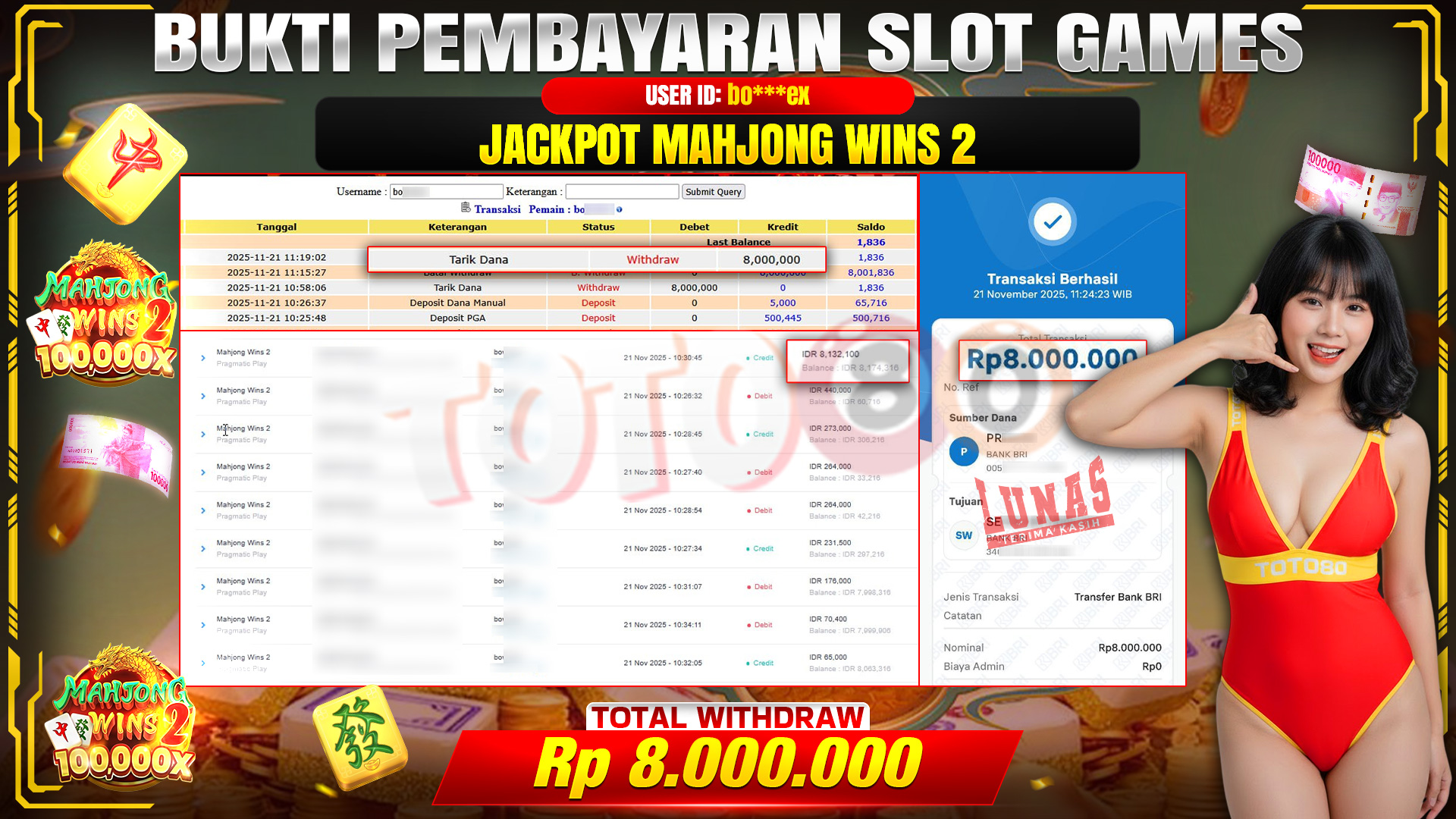 🎉 TOTO80 – JACKPOT SLOT MAHJONG WINS 2 RP.8,000,000,- TELAH DIBAYARKAN! 🎉