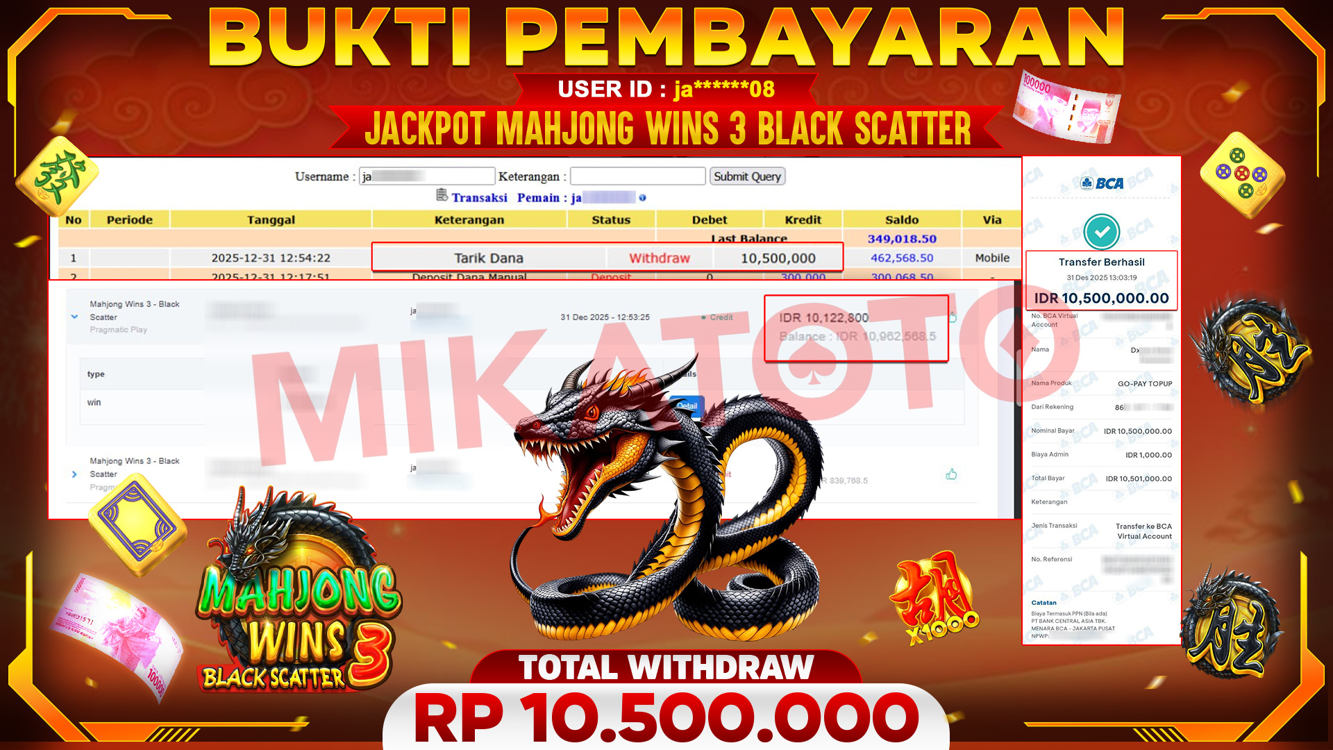 🏆 SELAMAT KEPADA PEMENANG JACKPOT DI Mahjong Wins 3 Black Scatter- Pragmatic Play 10,500,000🏆