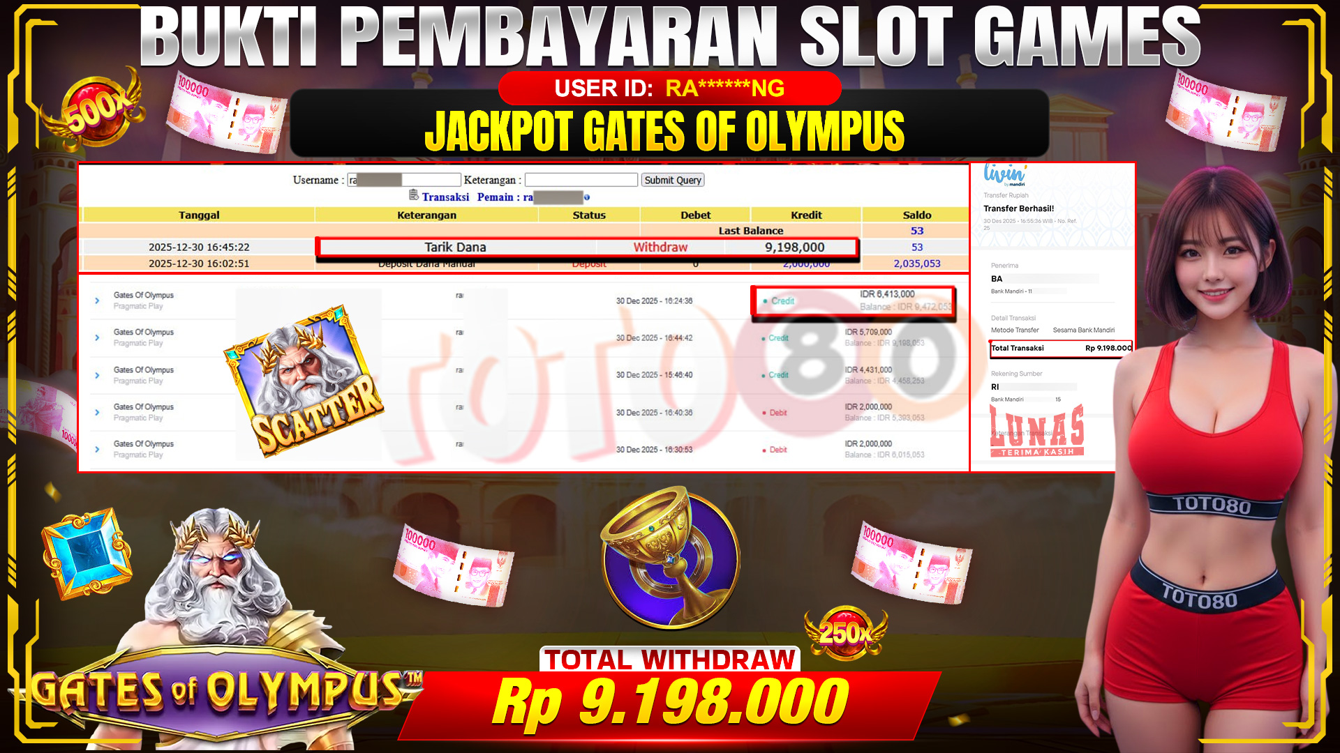 🎉 TOTO80 – JACKPOT SLOT GATES OF OLYMPUS RP.9,198,000,- TELAH DIBAYARKAN! 🎉