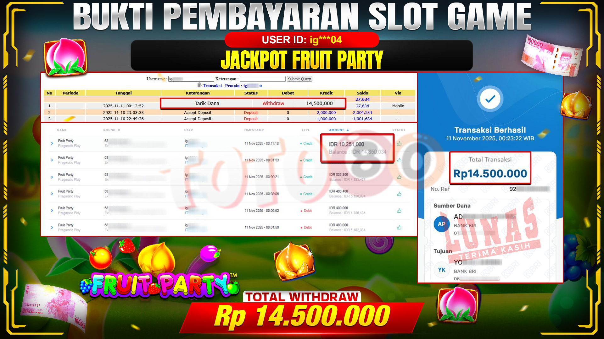 🎉 TOTO80 – JACKPOT SLOT FRUIT PARTY RP.14.500.000,- TELAH DIBAYARKAN! 🎉
