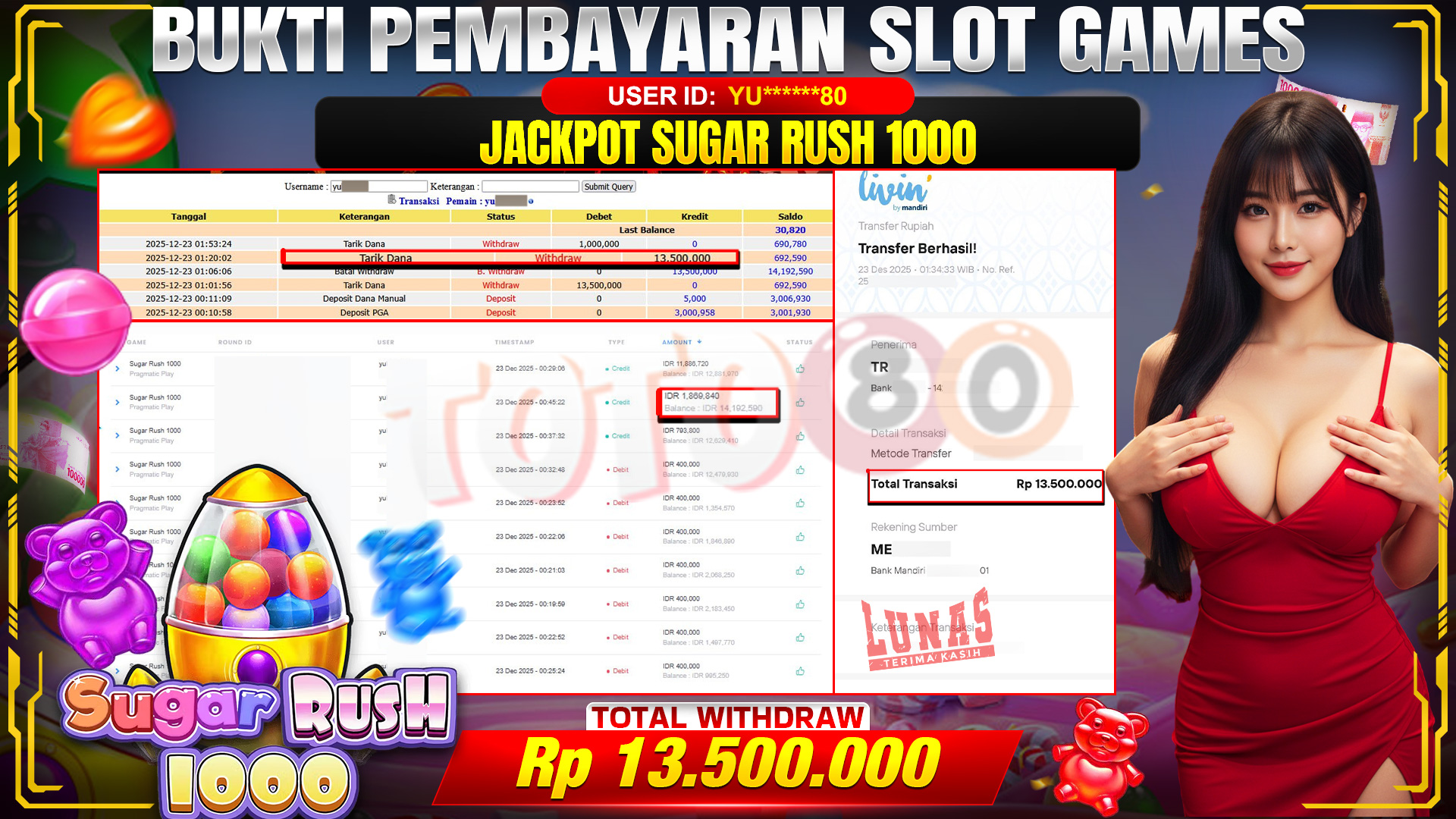 🎉 TOTO80 – JACKPOT SLOT SUGAR RUSH 1000 RP. 13,500,000,- TELAH DIBAYARKAN! 🎉