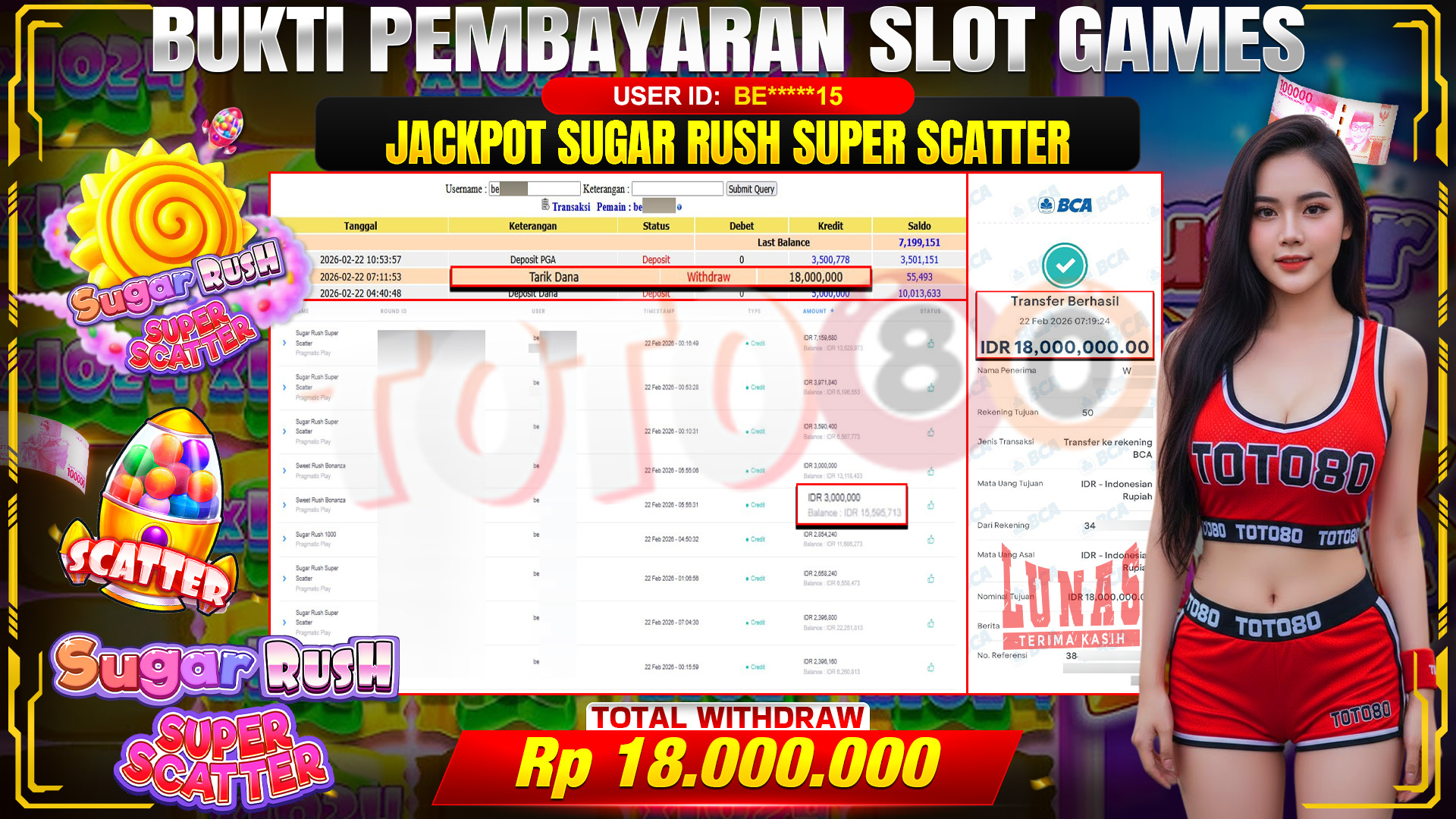 🎉 TOTO80 – JACKPOT SLOT SUGAR RUSH SUPER SCATTER RP. 18,000,000,- TELAH DIBAYARKAN! 🎉