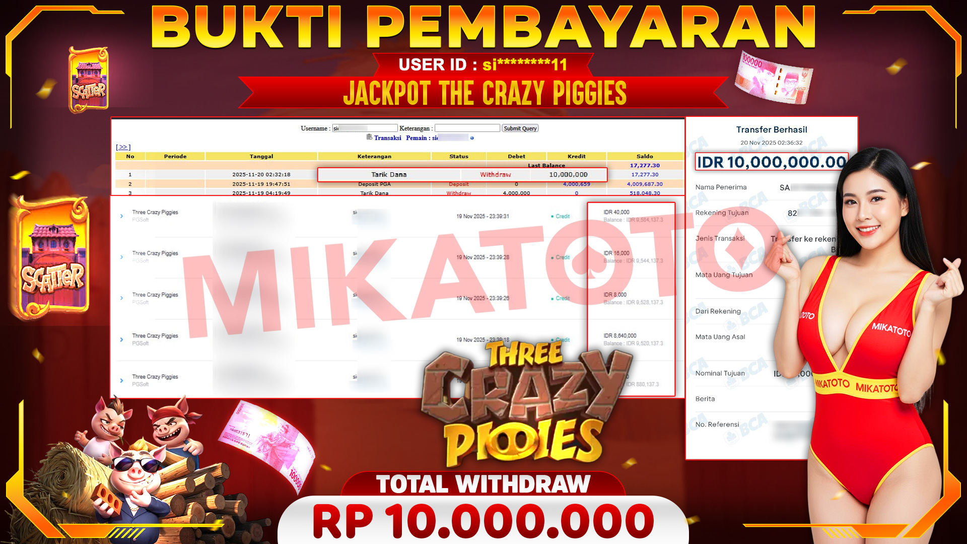 🏆 SELAMAT KEPADA PEMENANG JACKPOT DI Three Crazy Piggies - PGSoft 10,000,000🏆