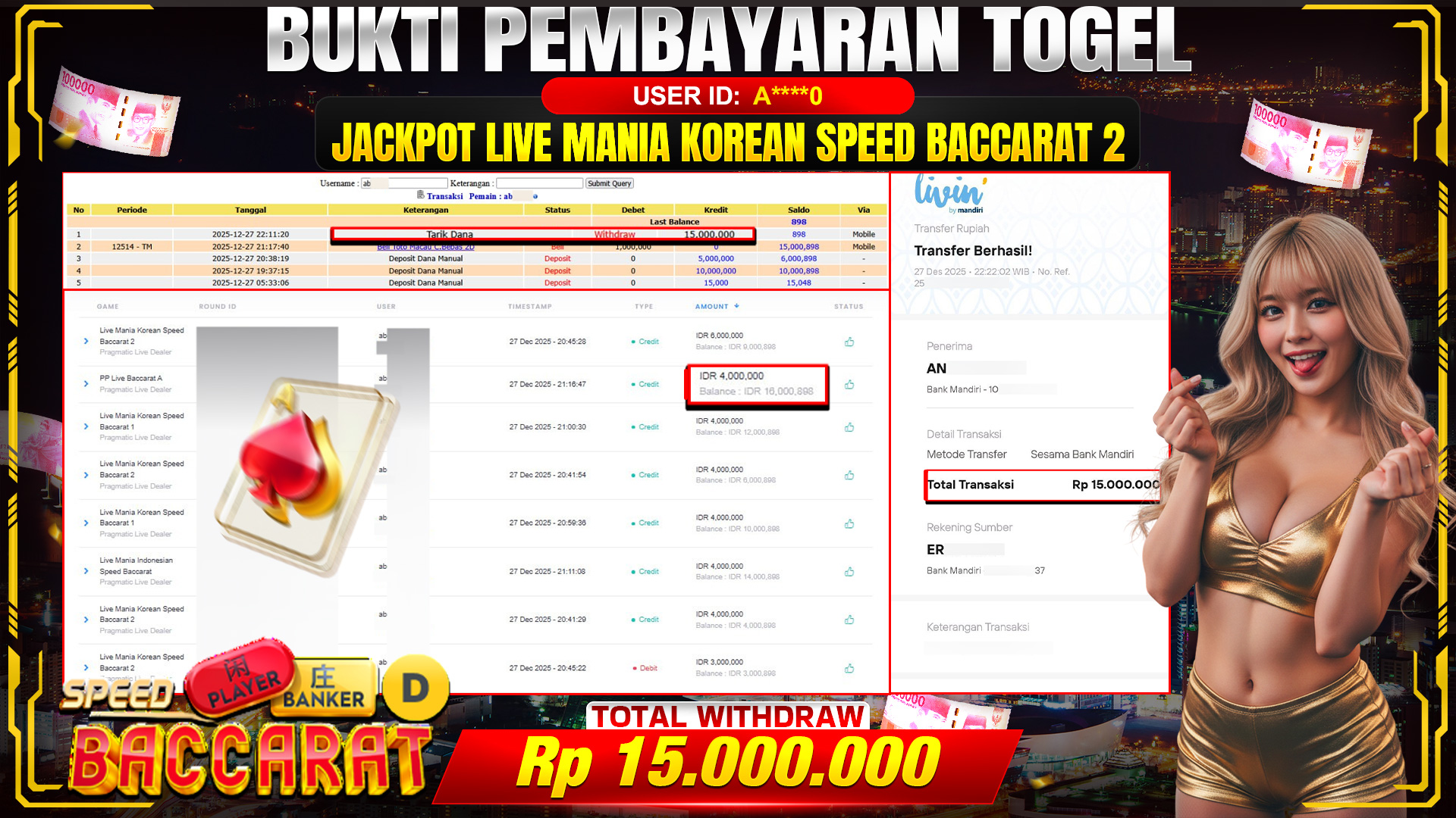 🎉 TOTO80 – JACKPOT LIVE MANIA KOREAN SPEED BACCARAT 2 RP. 15,000,000,- TELAH DIBAYARKAN! 🎉