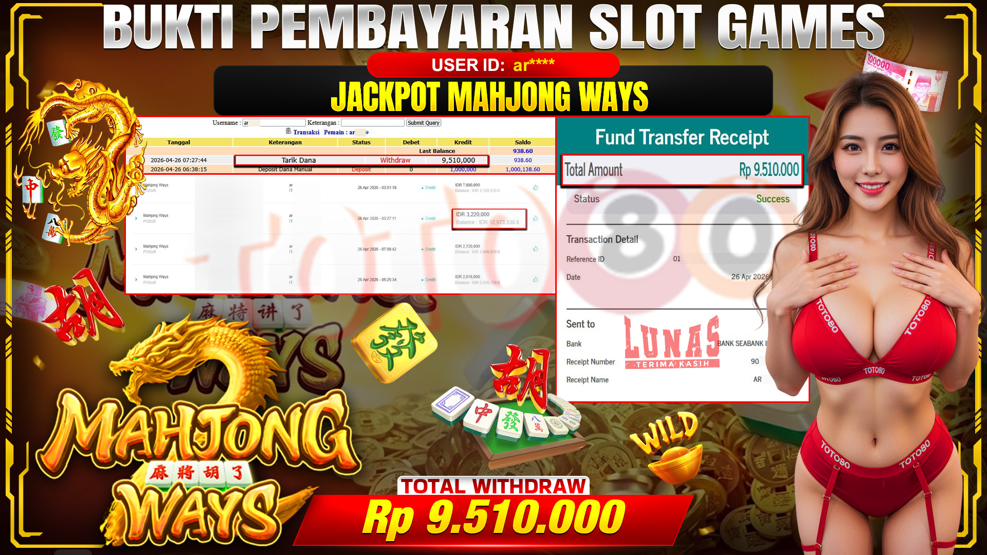 💰🎉 TOTO80 – JACKPOT SLOT MAHJONG WAYS  RP. 9,510,000,-   TELAH DIBAYARKAN!💰🎉