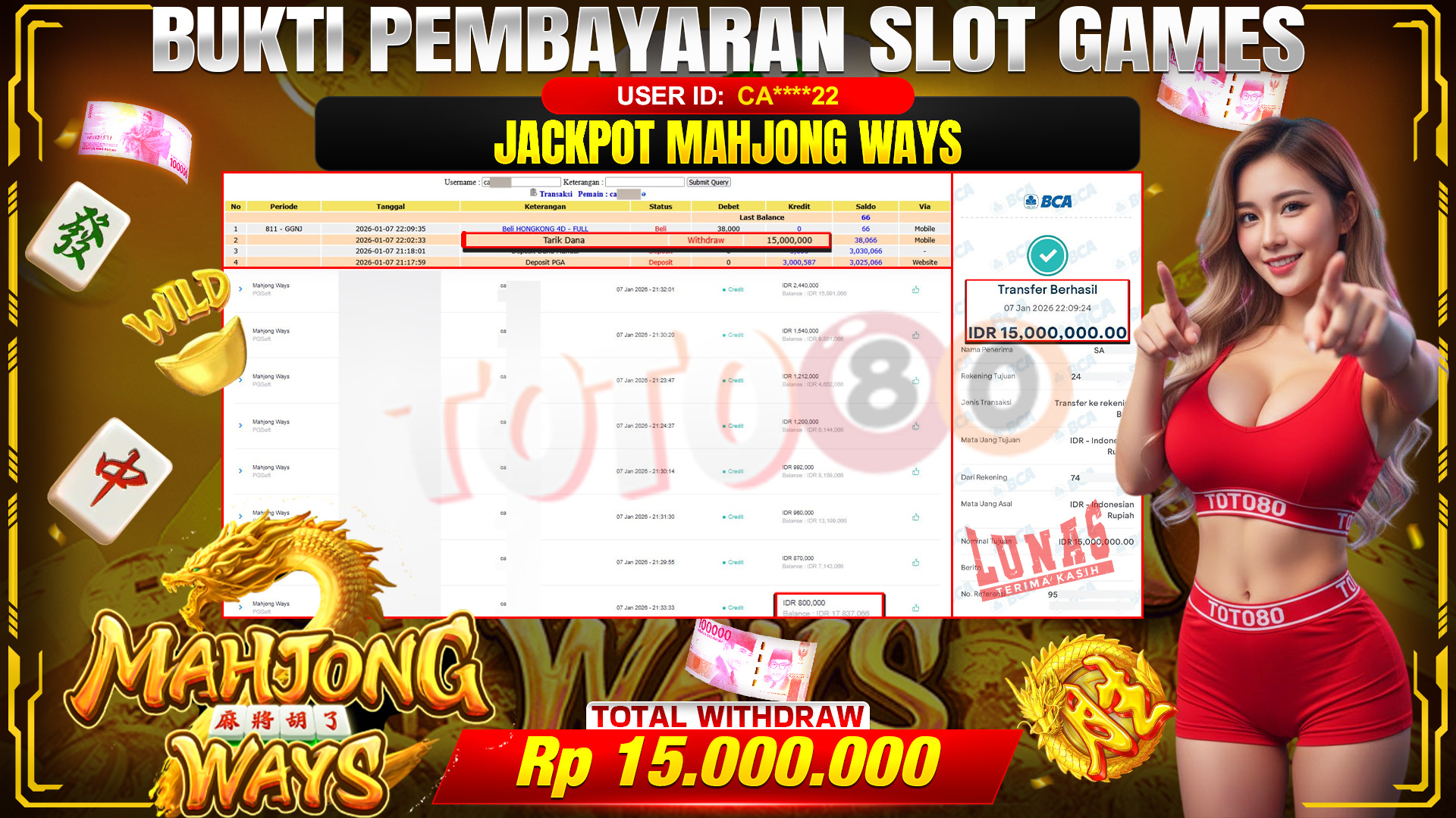 🎉 TOTO80 – JACKPOT SLOT MAHJONG WAYS RP.15,000,000,- TELAH DIBAYARKAN! 🎉